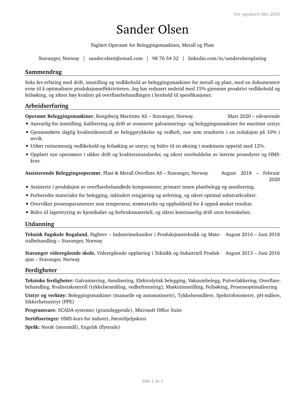 Plating Machine Setters, Operators, and Tenders, Metal and Plastic CV in Norwegian_bokmal — page 1