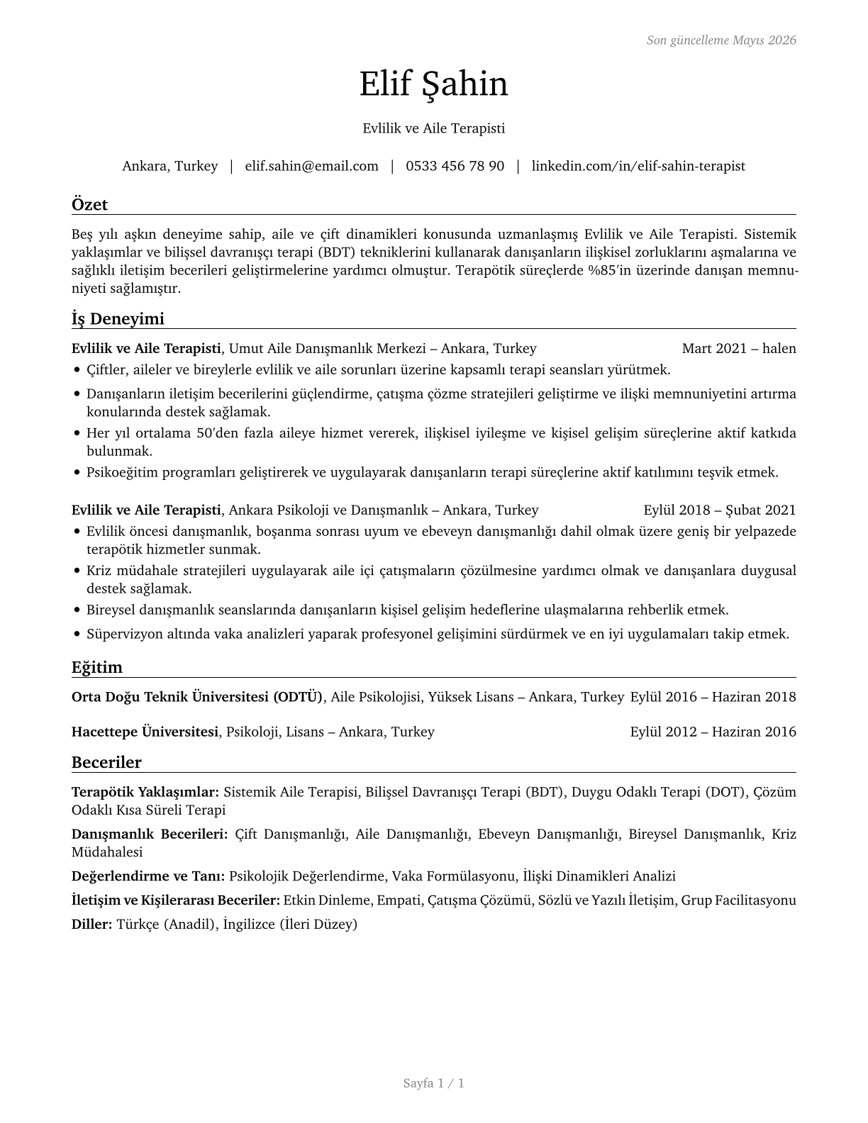 Marriage and Family Therapists CV in Turkish — page 1