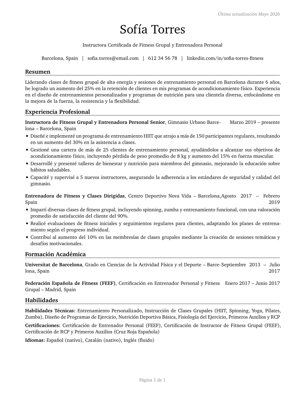 Exercise Trainers and Group Fitness Instructors CV in Spanish — page 1
