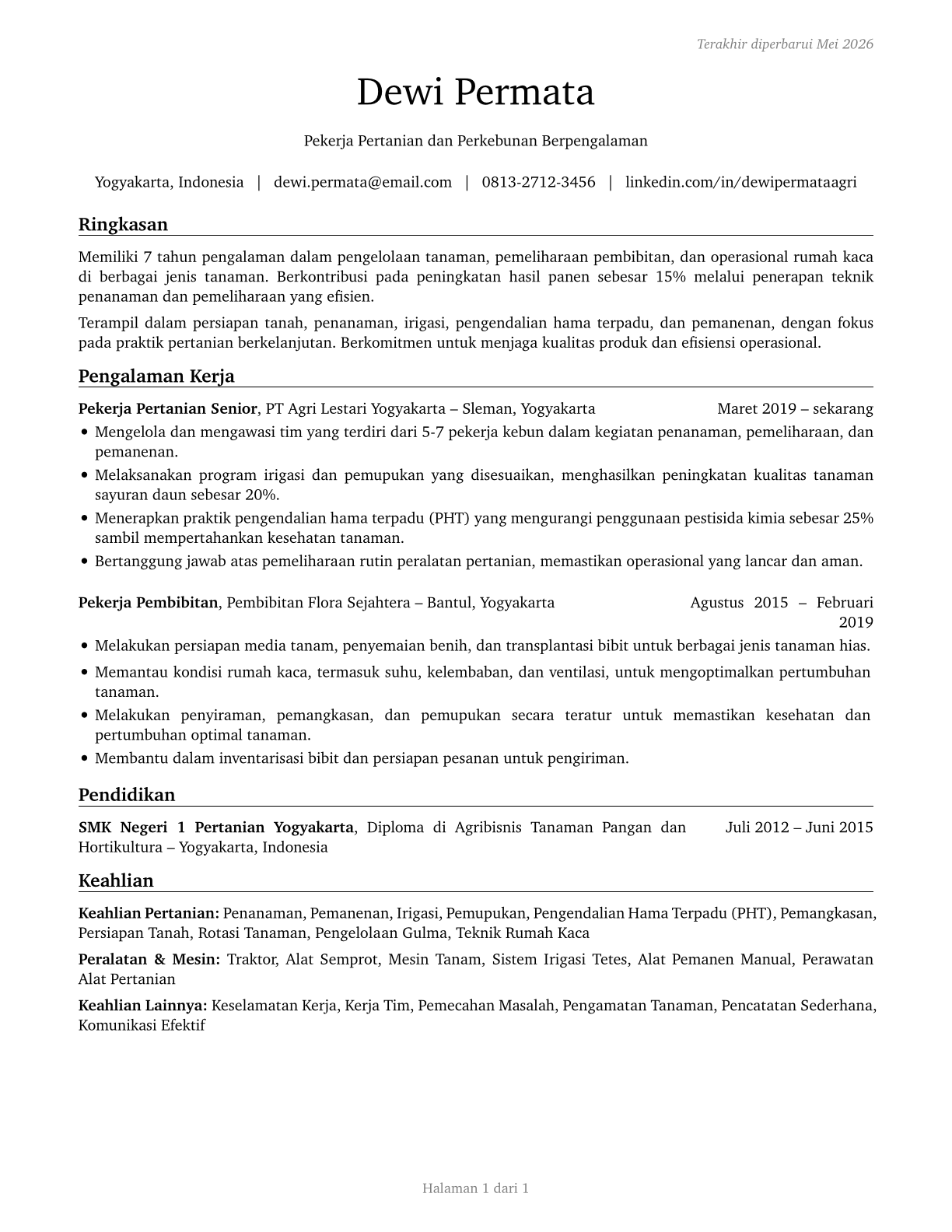 Farmworkers and Laborers, Crop, Nursery, and Greenhouse CV in Indonesian — page 1