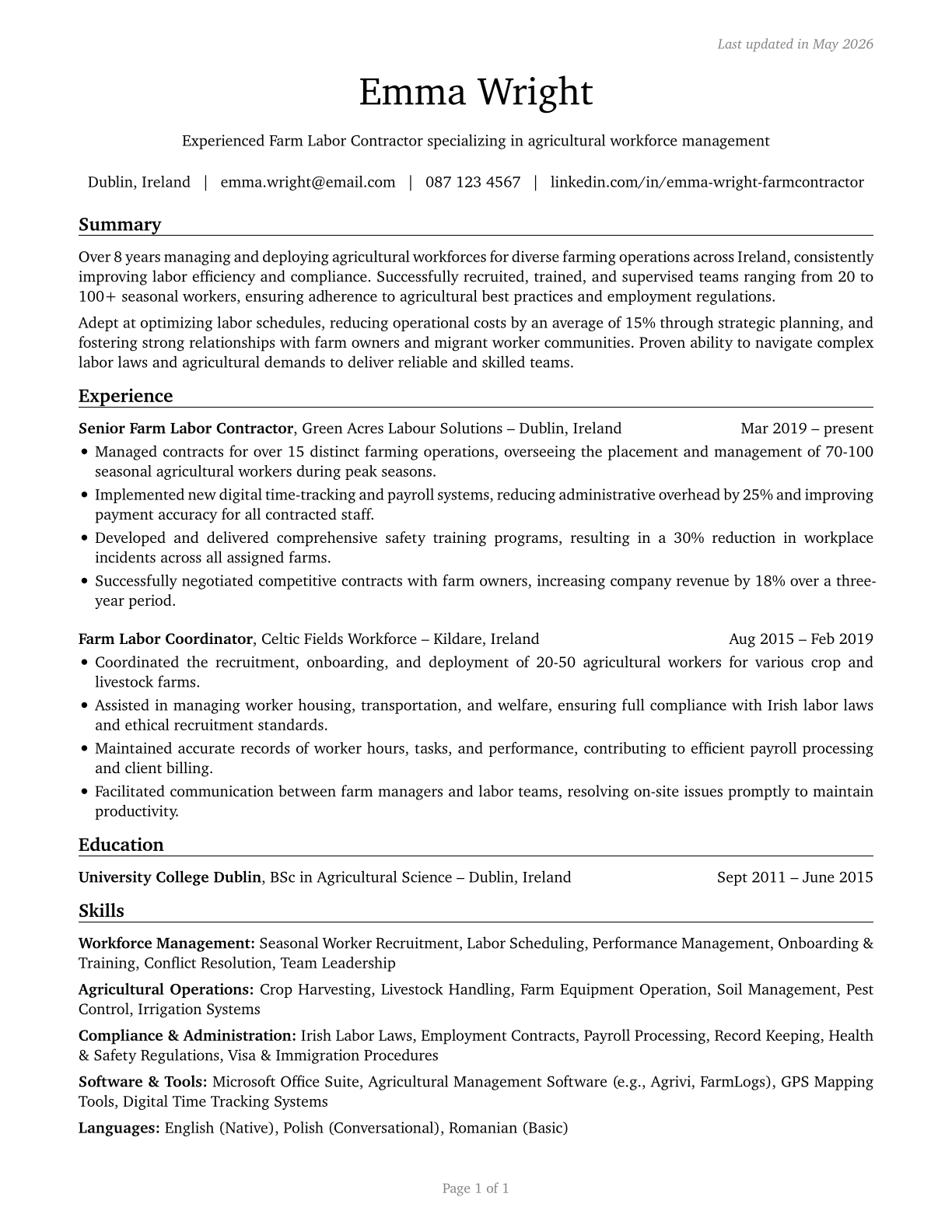 Farm Labor Contractors CV in English — page 1