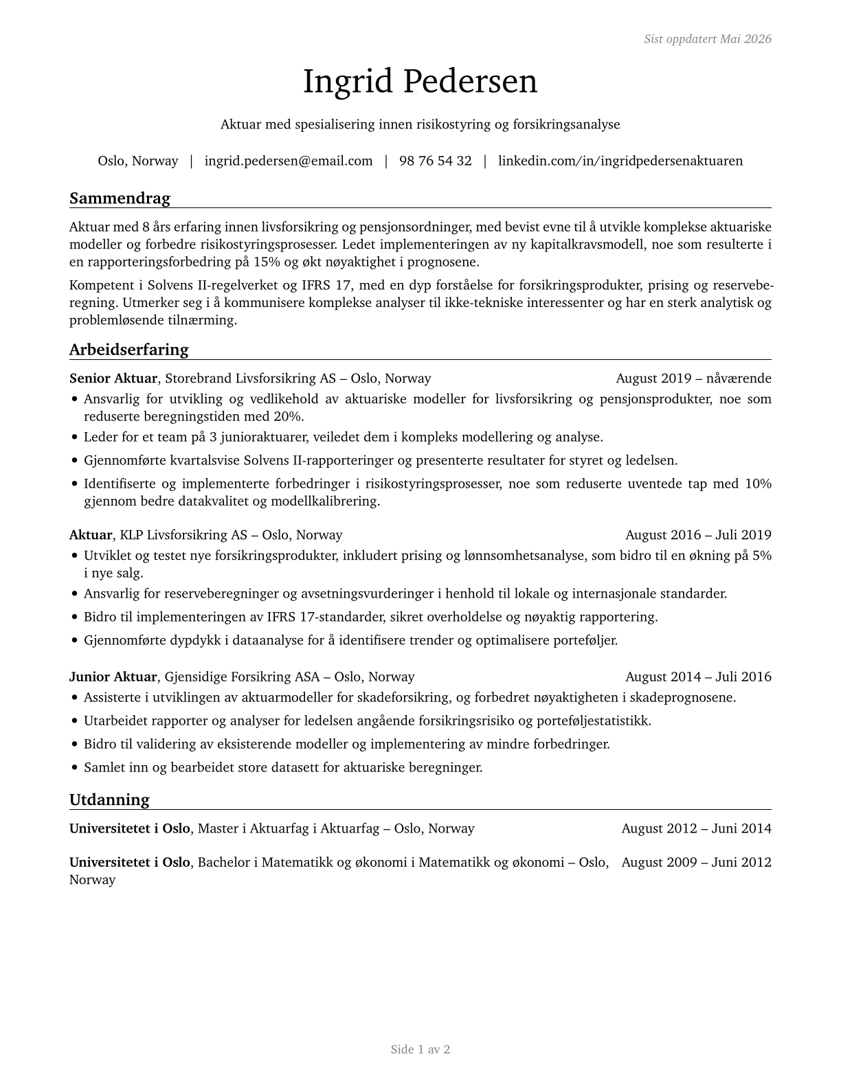 Actuaries CV in Norwegian_bokmal — page 1