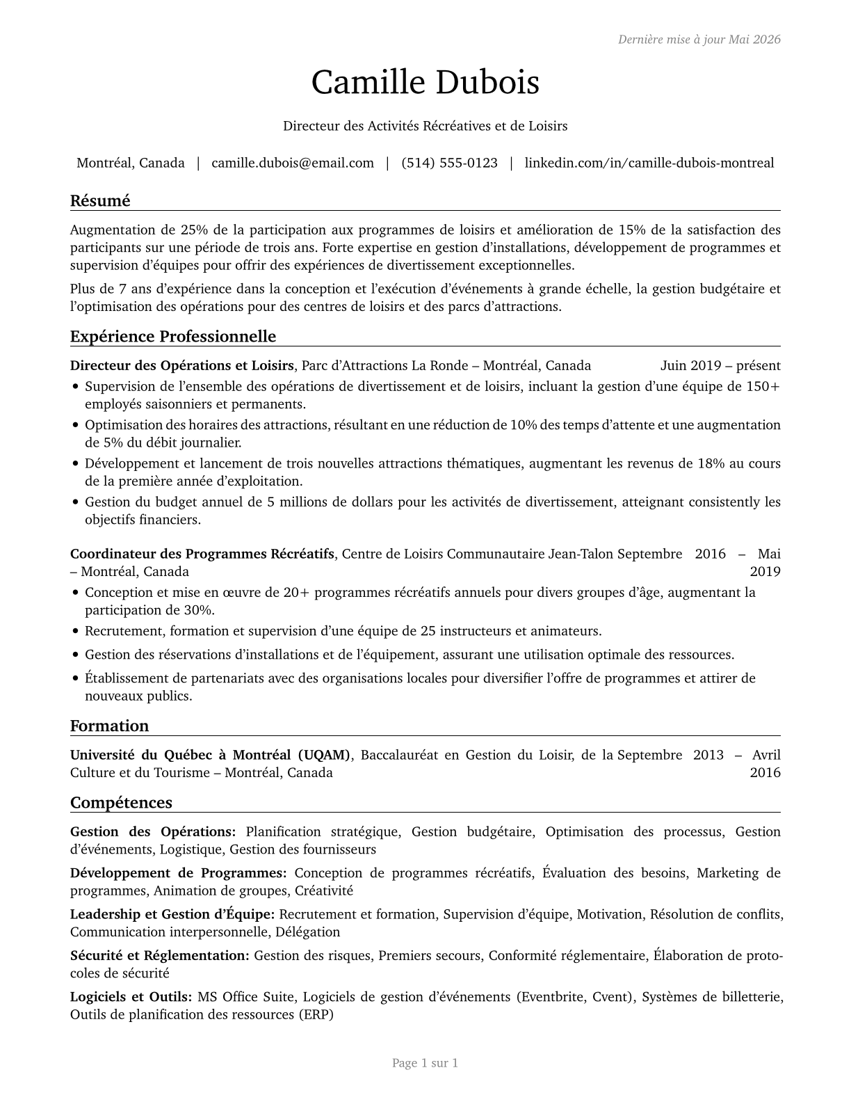 Entertainment and Recreation Managers, Except Gambling CV in French — page 1