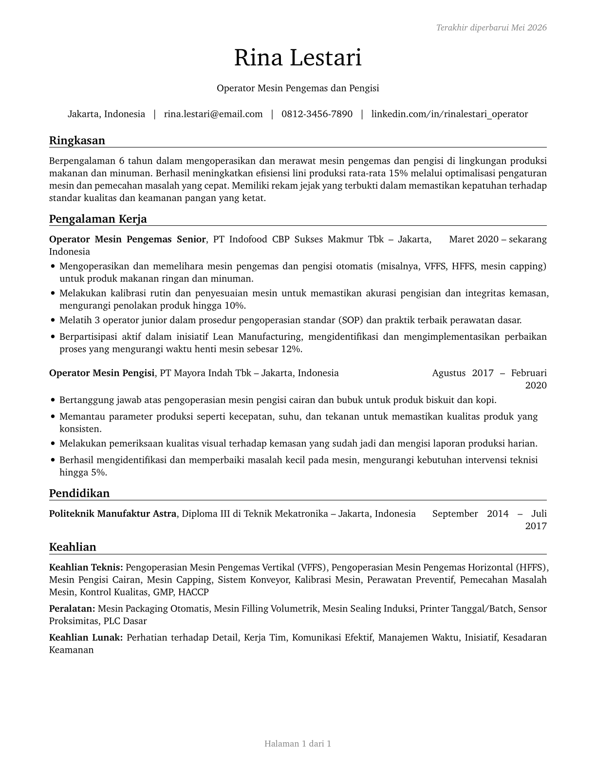 Packaging and Filling Machine Operators and Tenders CV in Indonesian — page 1