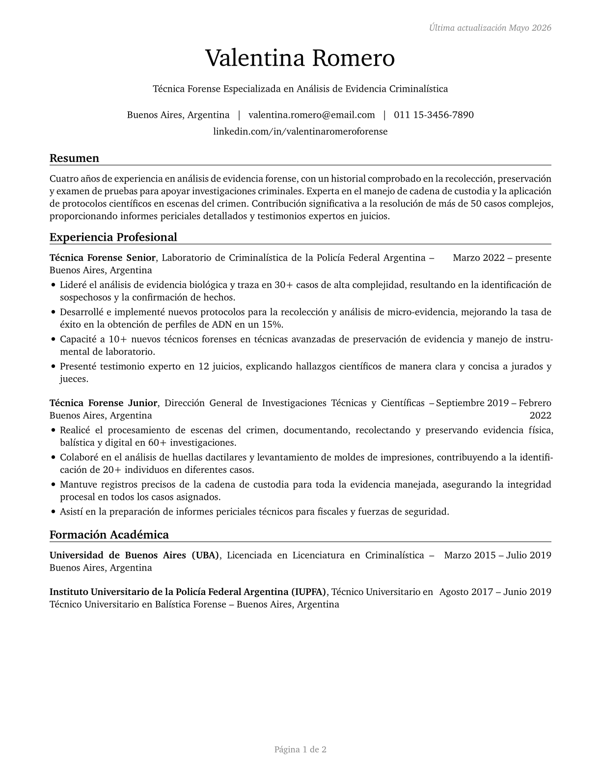 Forensic Science Technicians CV in Spanish — page 1