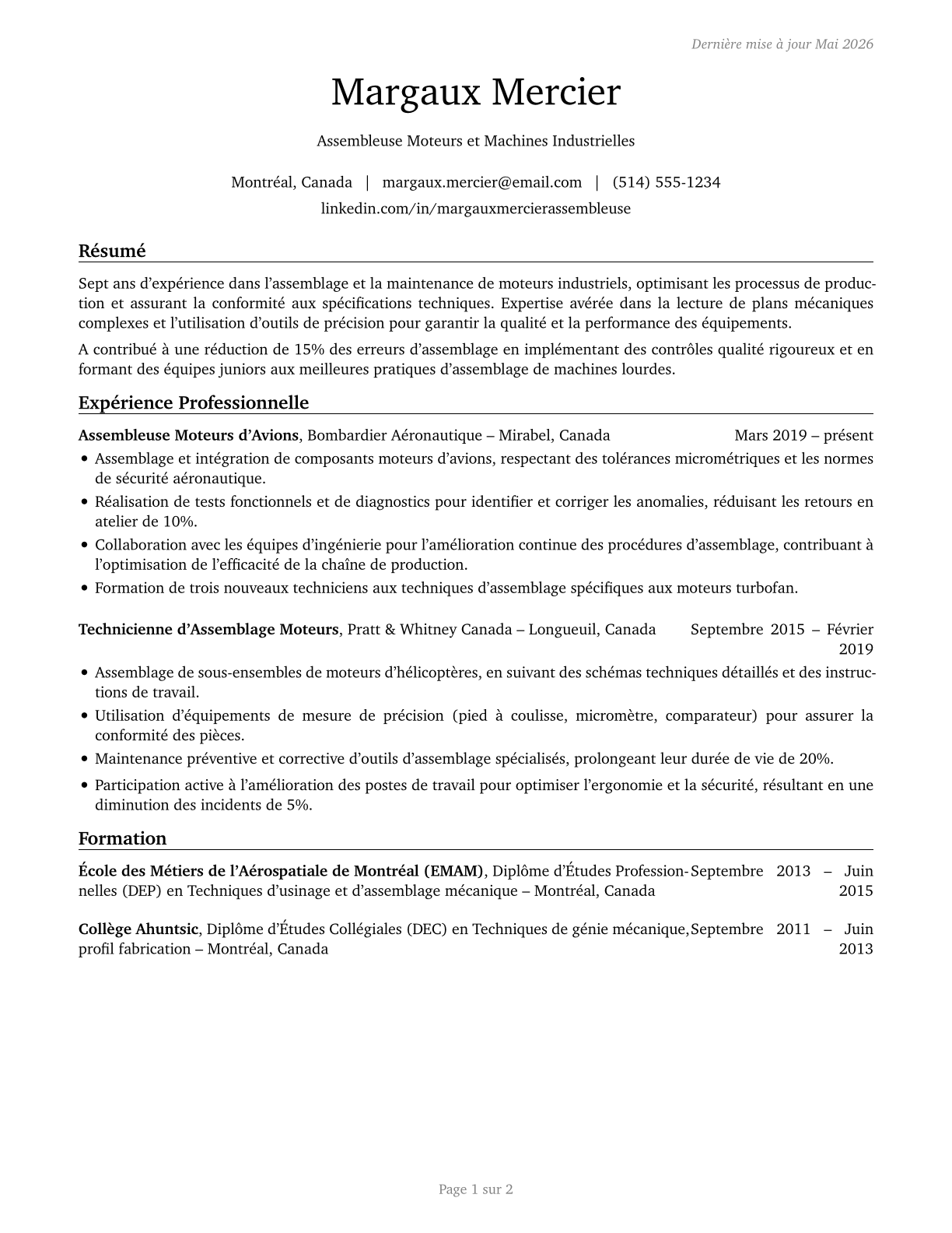 Engine and Other Machine Assemblers CV in French — page 1
