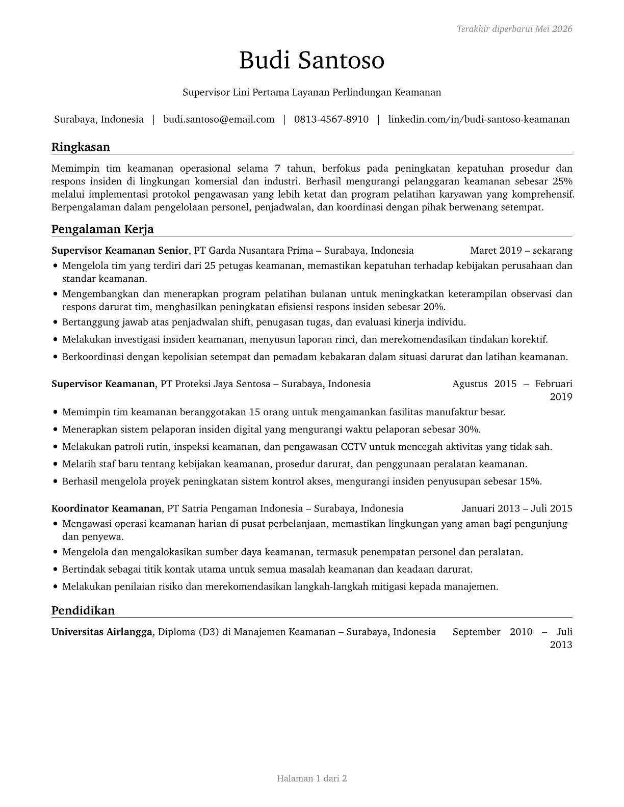 First-Line Supervisors of Protective Service Workers, All Other CV in Indonesian — page 1