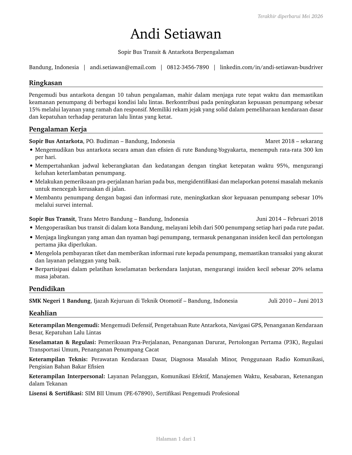 Bus Drivers, Transit and Intercity CV in Indonesian — page 1