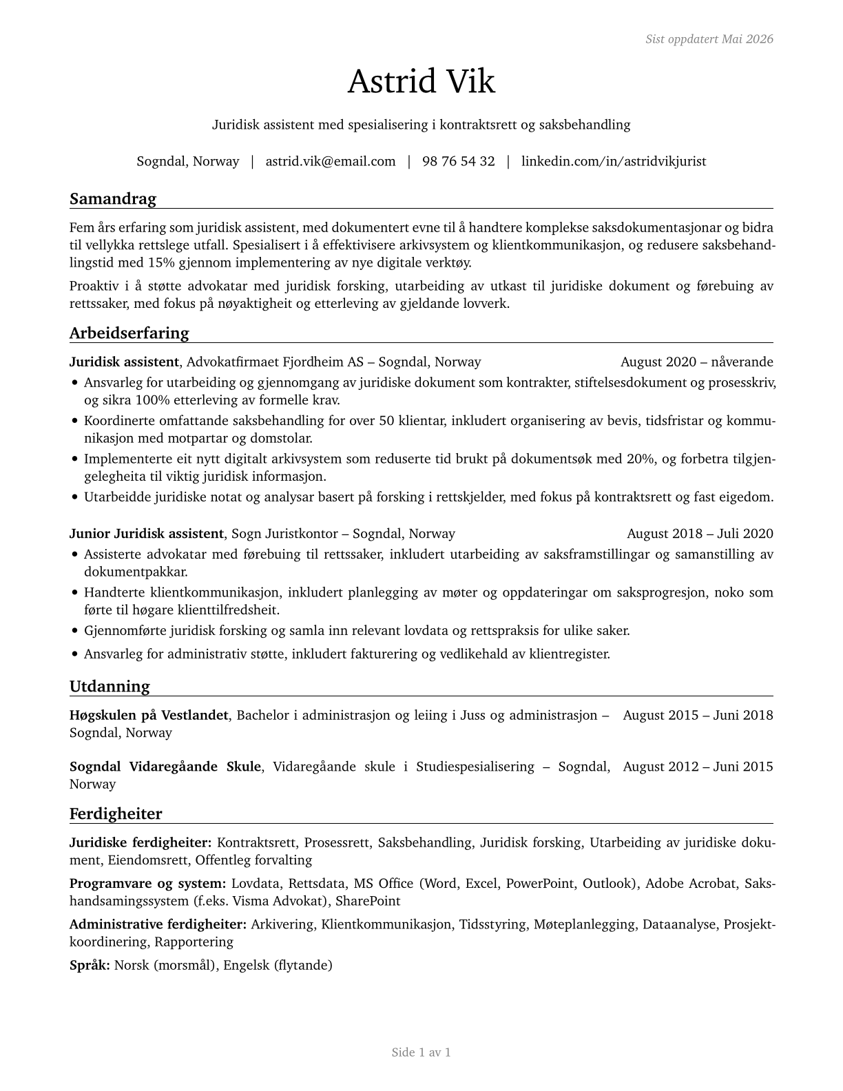 Paralegals and Legal Assistants CV in Norwegian_nynorsk — page 1