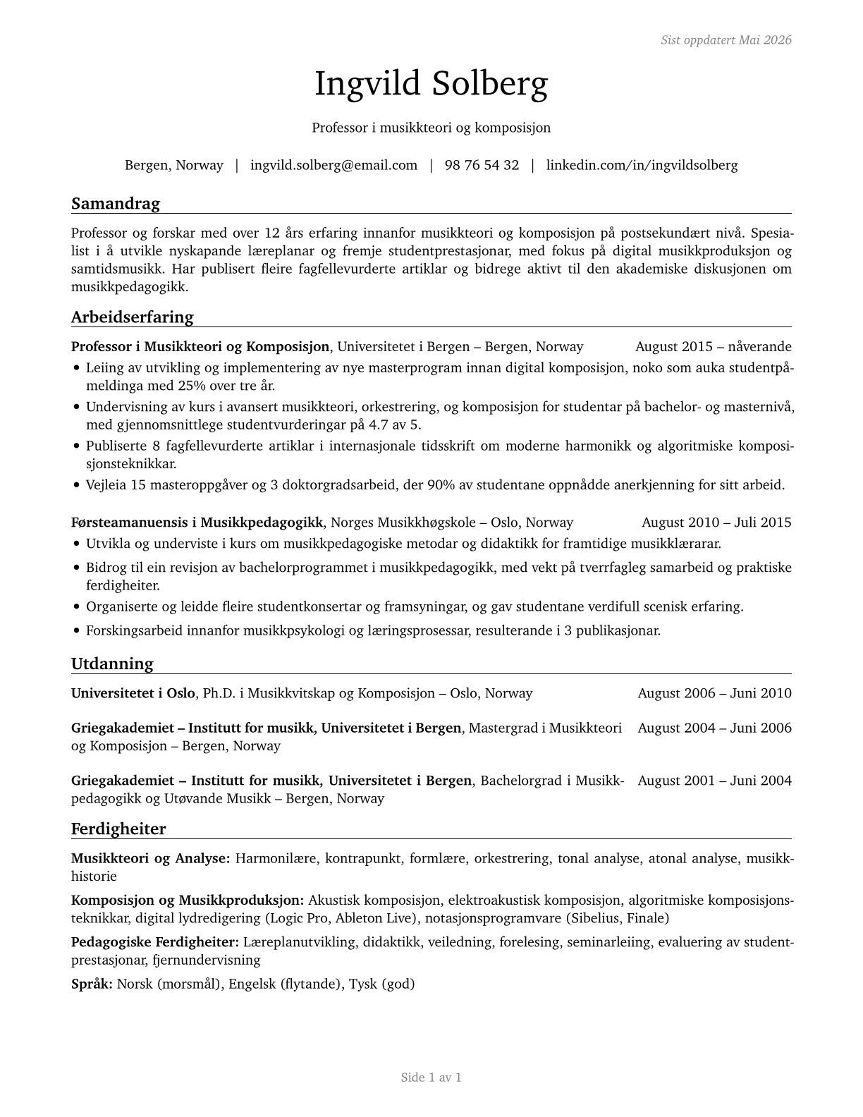 Art, Drama, and Music Teachers, Postsecondary CV in Norwegian_nynorsk — page 1