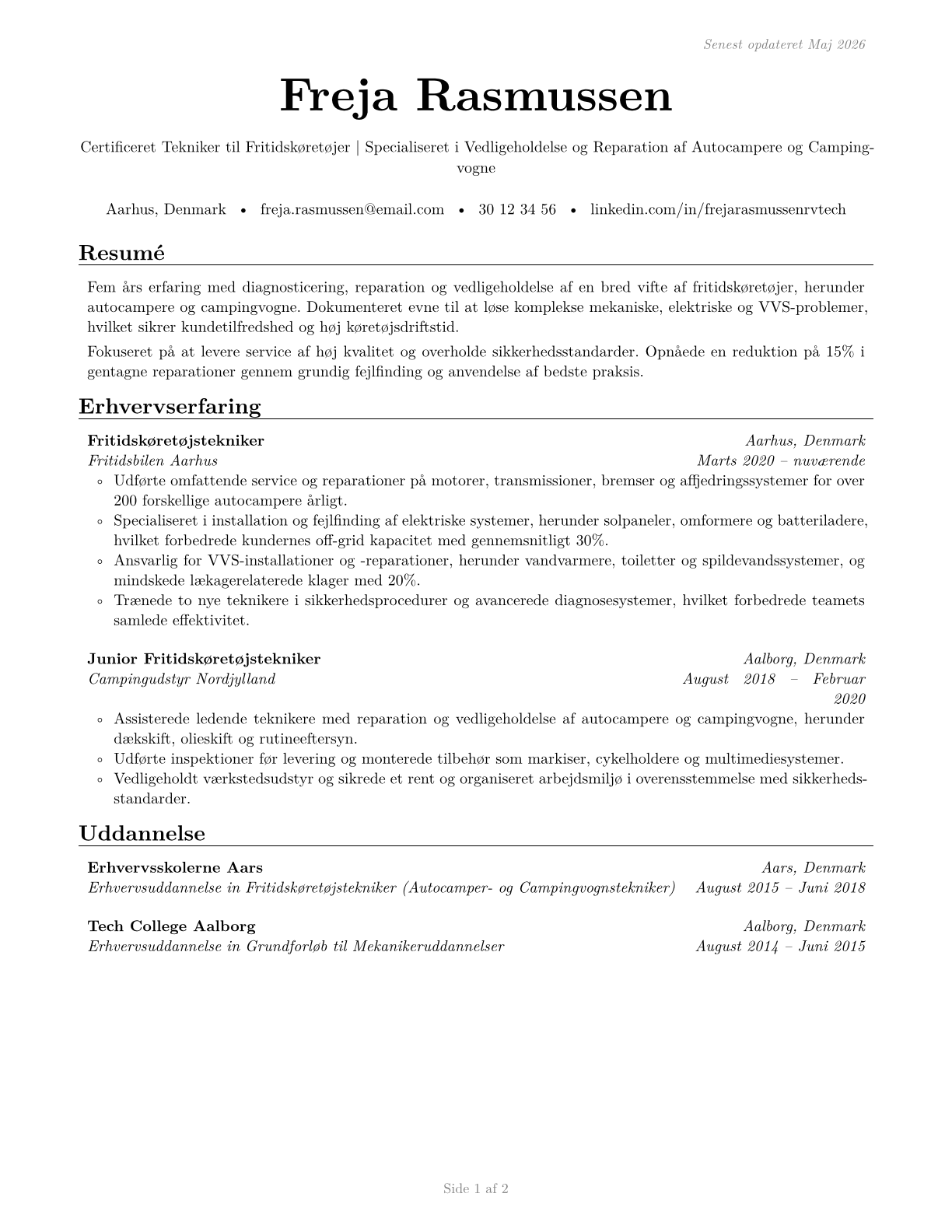 Recreational Vehicle Service Technicians CV in Danish — page 1