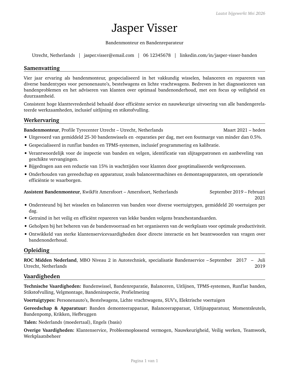 Tire Repairers and Changers CV in Dutch — page 1