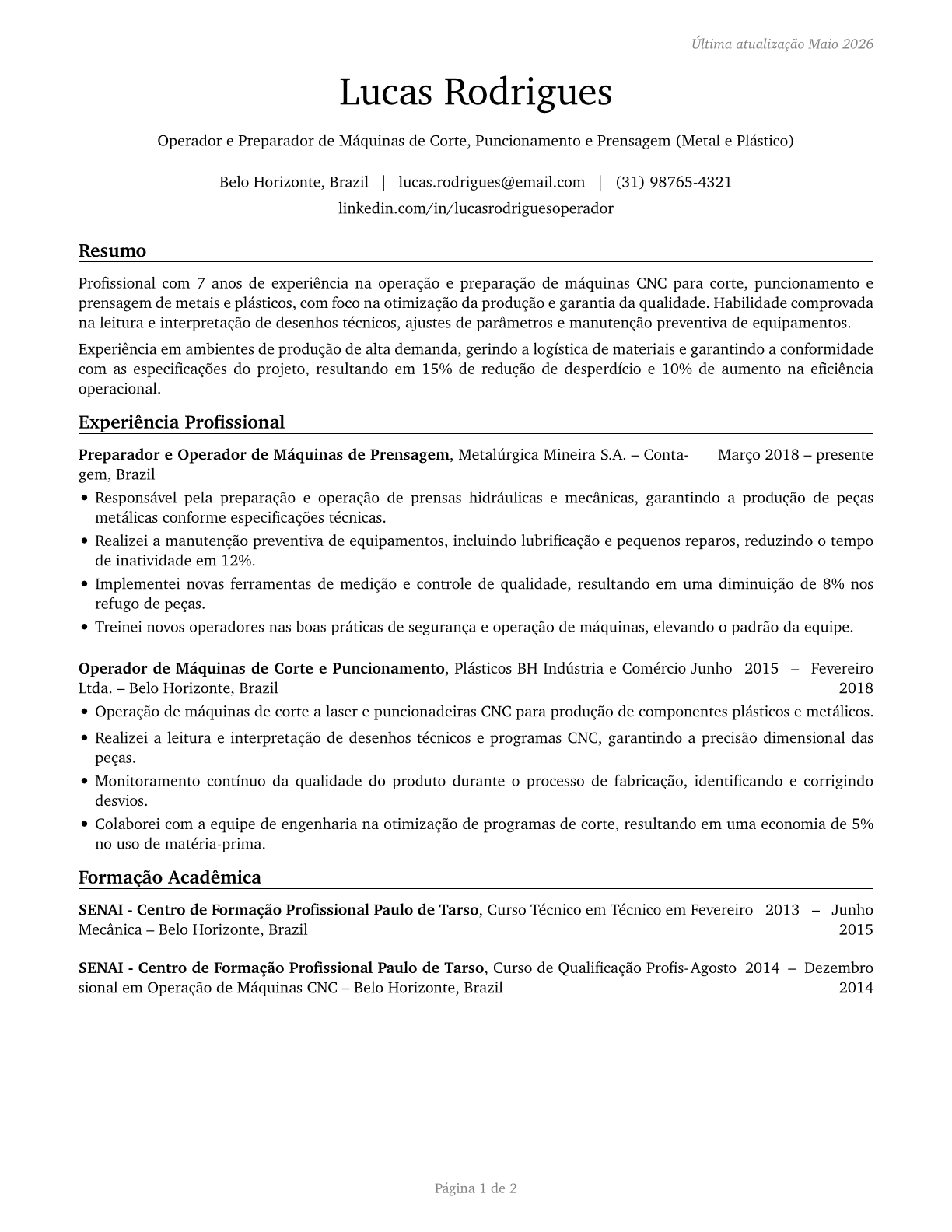 Cutting, Punching, and Press Machine Setters, Operators, and Tenders, Metal and Plastic CV in Portuguese — page 1