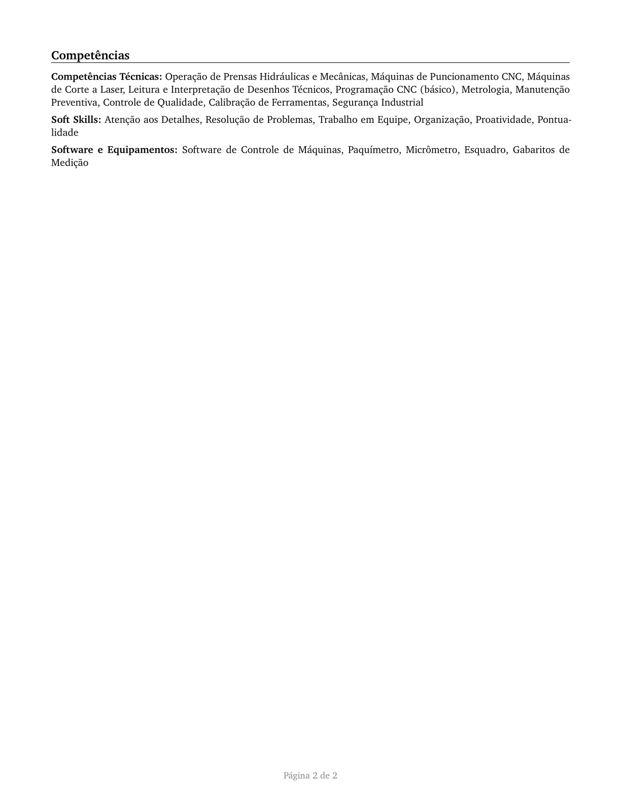 Cutting, Punching, and Press Machine Setters, Operators, and Tenders, Metal and Plastic CV in Portuguese — page 2
