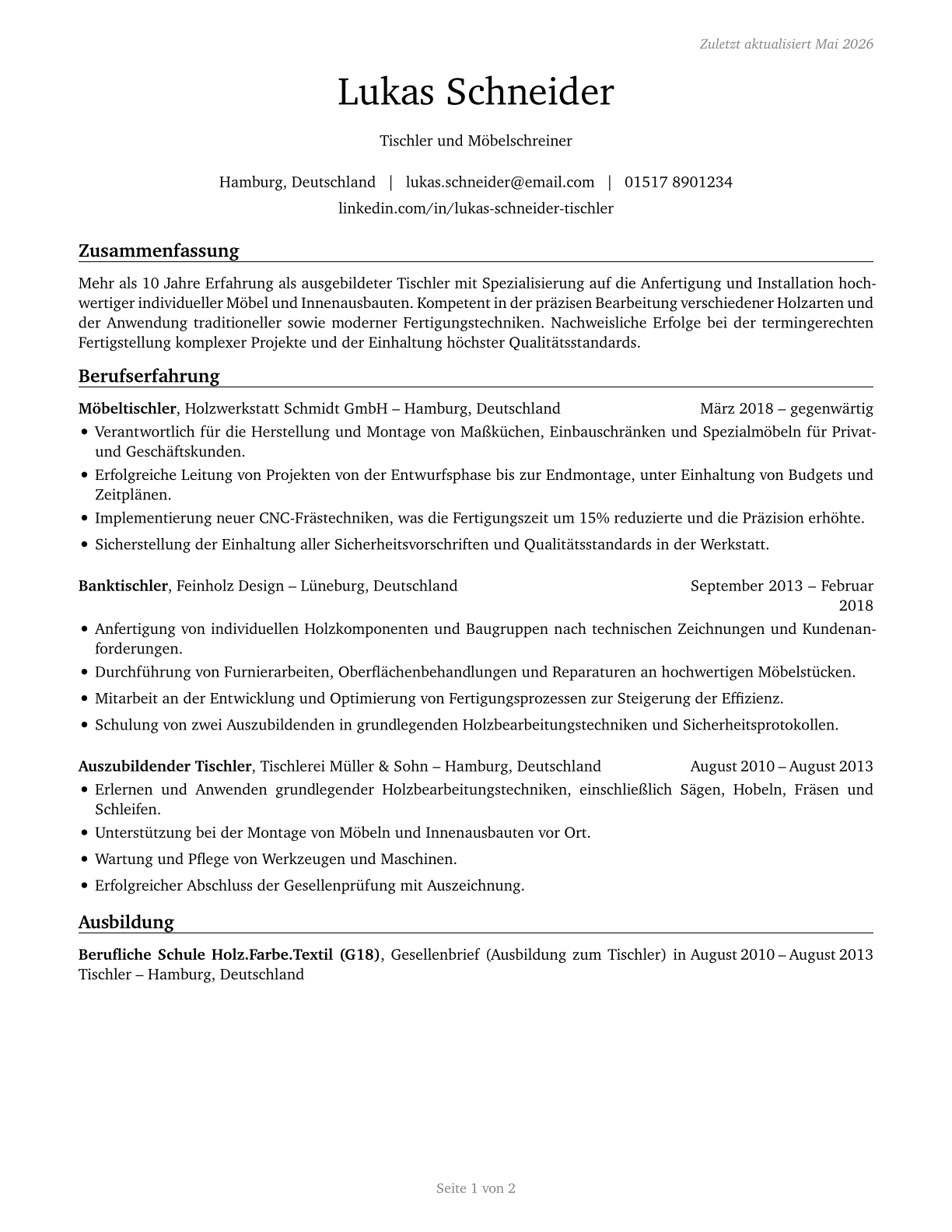 Cabinetmakers and Bench Carpenters CV in German — page 1