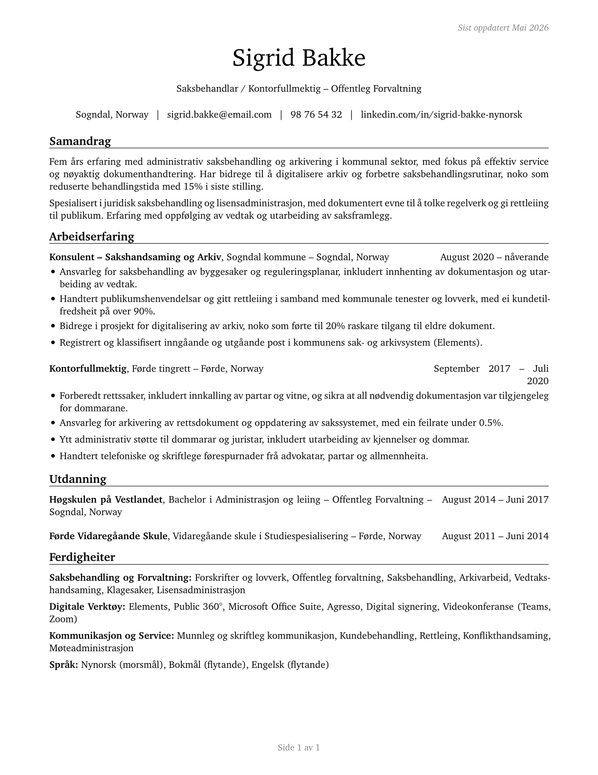 Court, Municipal, and License Clerks CV in Norwegian_nynorsk — page 1