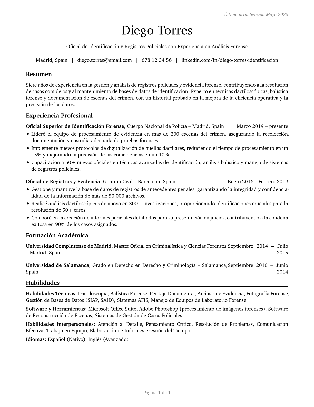 Police Identification and Records Officers CV in Spanish — page 1