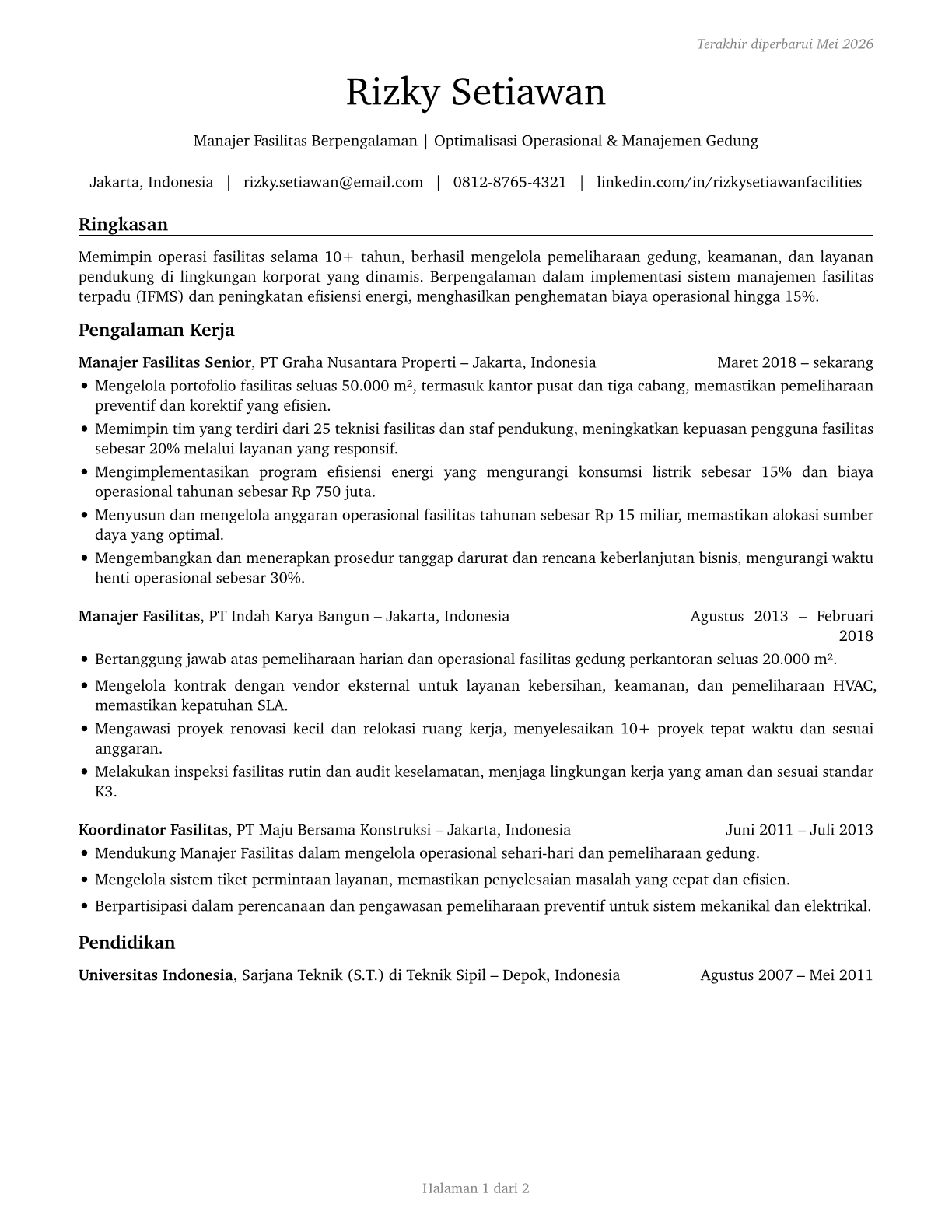 Facilities Managers CV in Indonesian — page 1