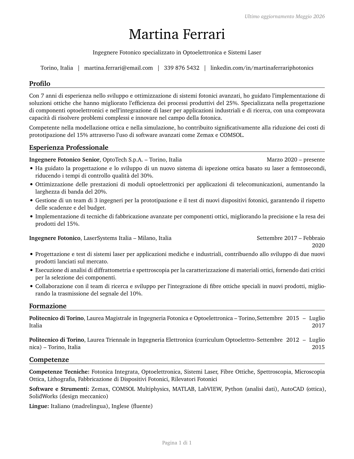 Photonics Engineers CV in Italian — page 1
