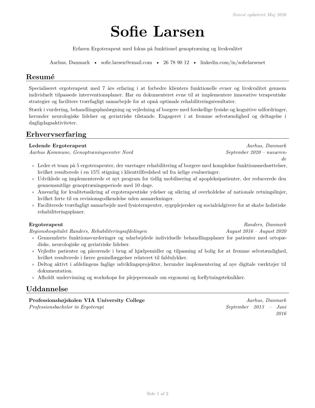 Occupational Therapists CV in Danish — page 1