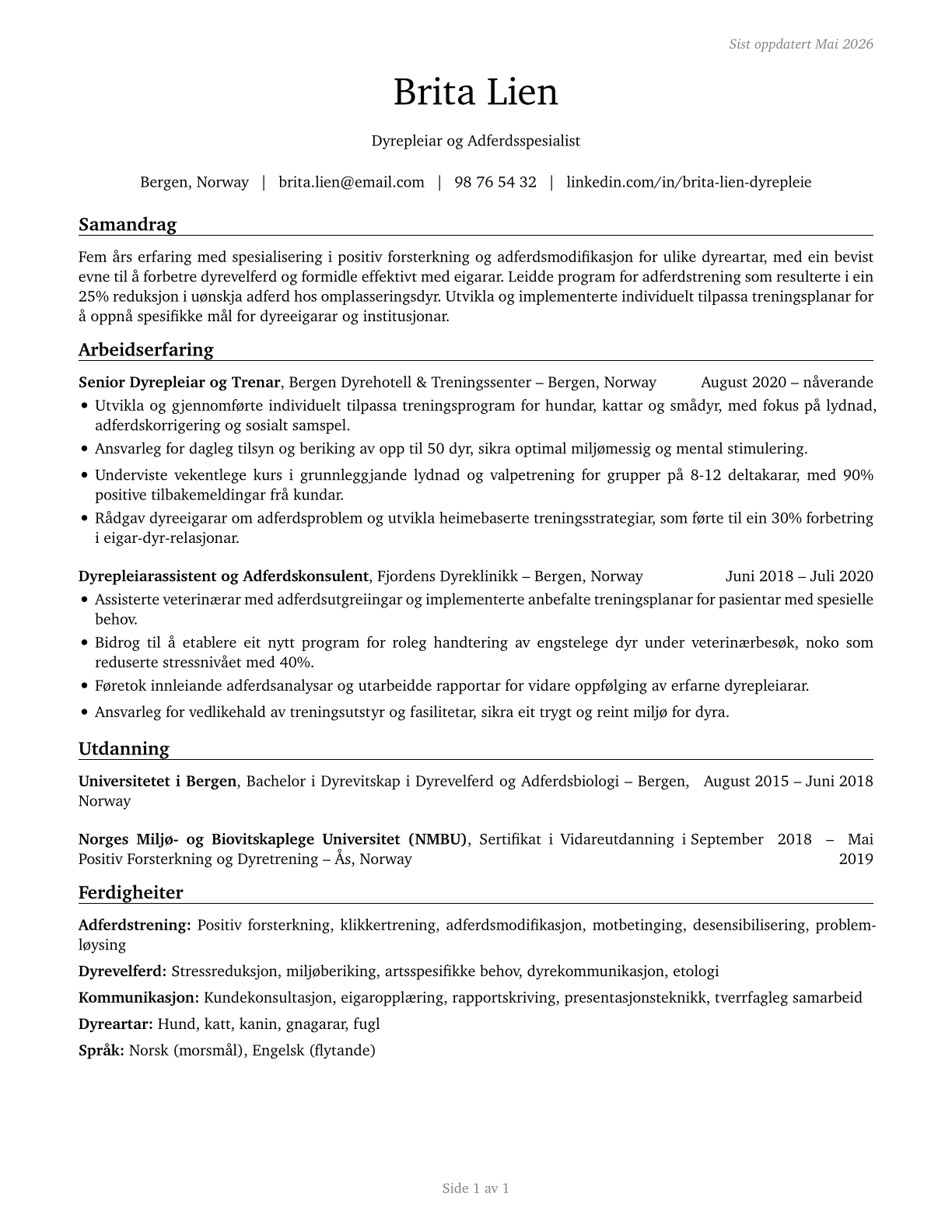 Animal Trainers CV in Norwegian_nynorsk — page 1