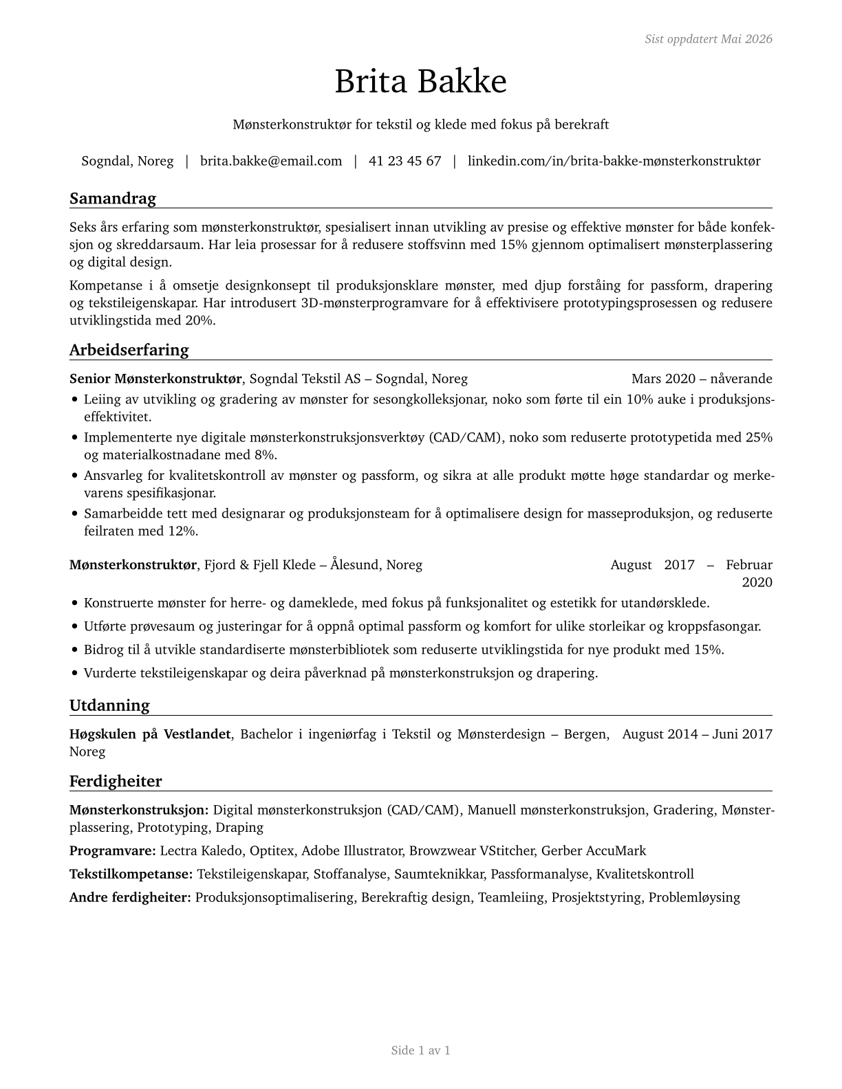 Fabric and Apparel Patternmakers CV in Norwegian_nynorsk — page 1
