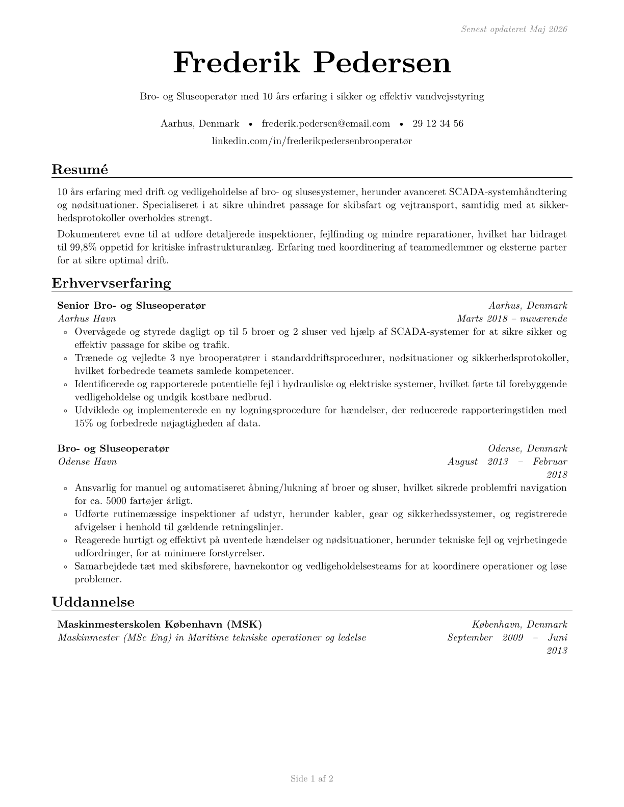 Bridge and Lock Tenders CV in Danish — page 1