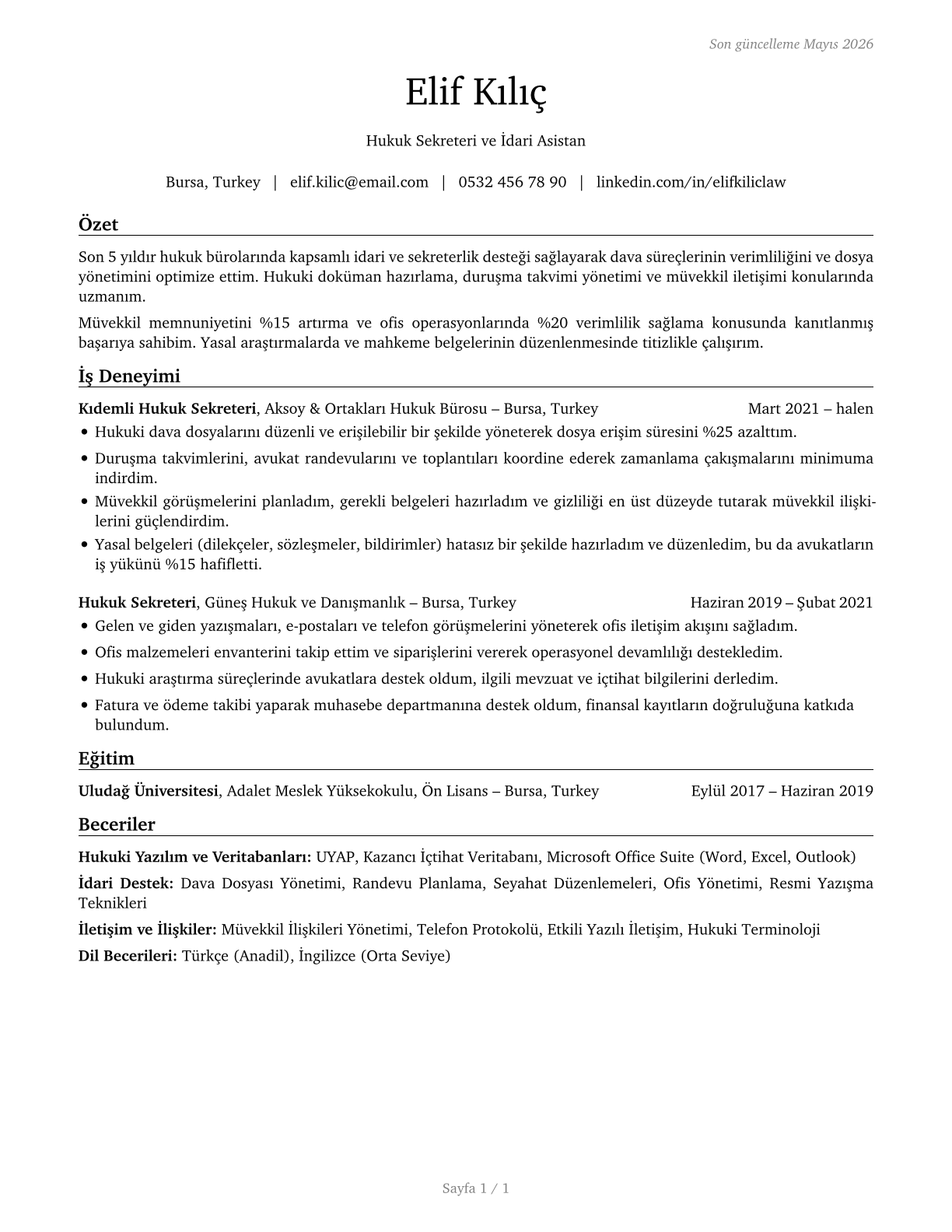 Legal Secretaries and Administrative Assistants CV in Turkish — page 1
