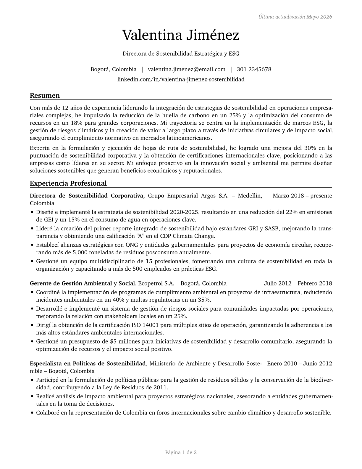 Chief Sustainability Officers CV in Spanish — page 1