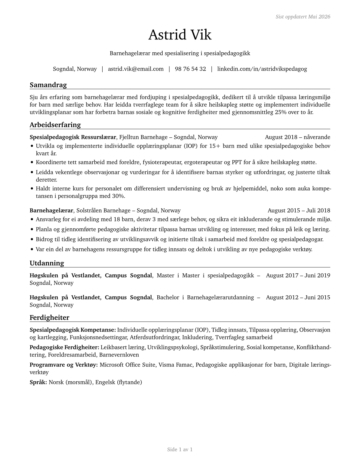 Special Education Teachers, Kindergarten CV in Norwegian_nynorsk — page 1