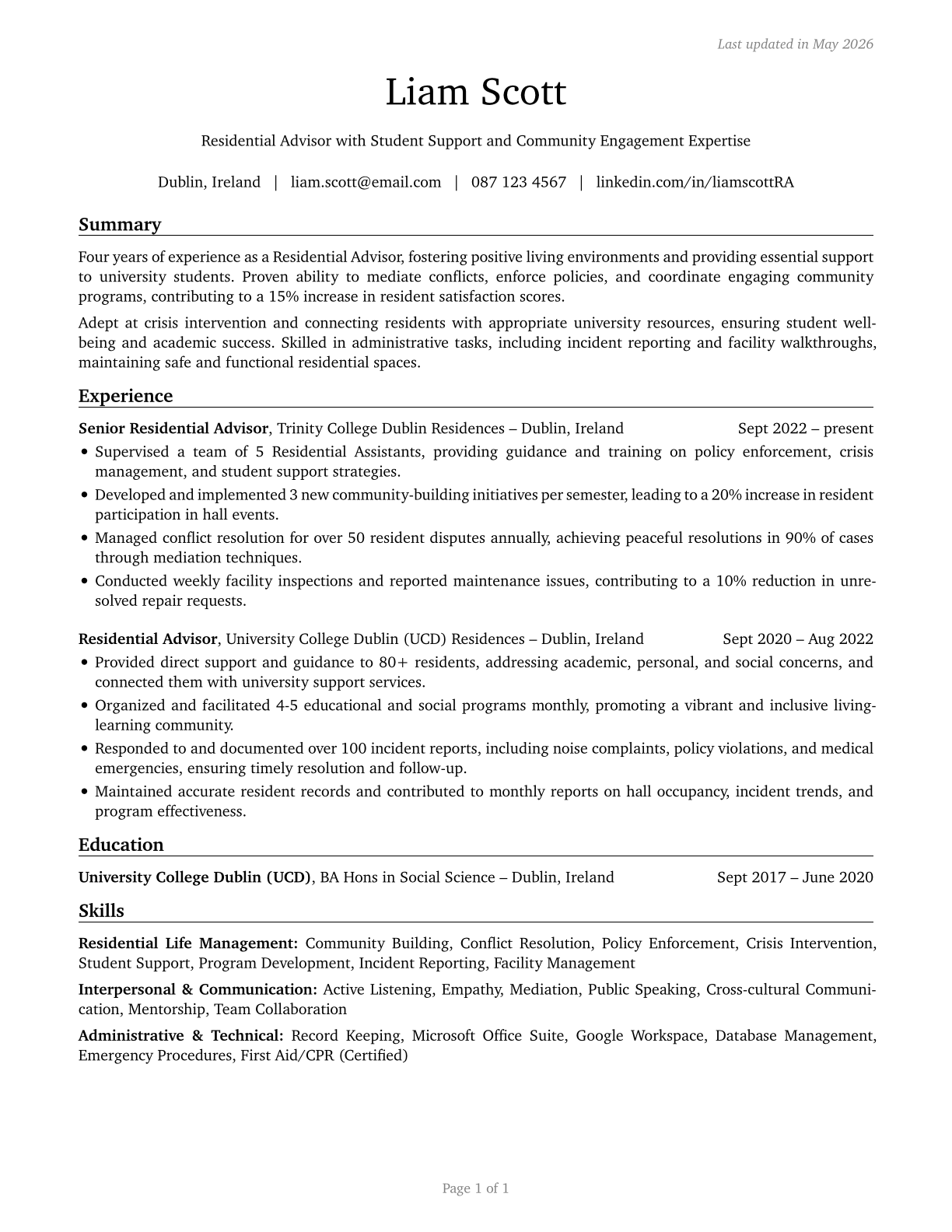 Residential Advisors CV in English — page 1