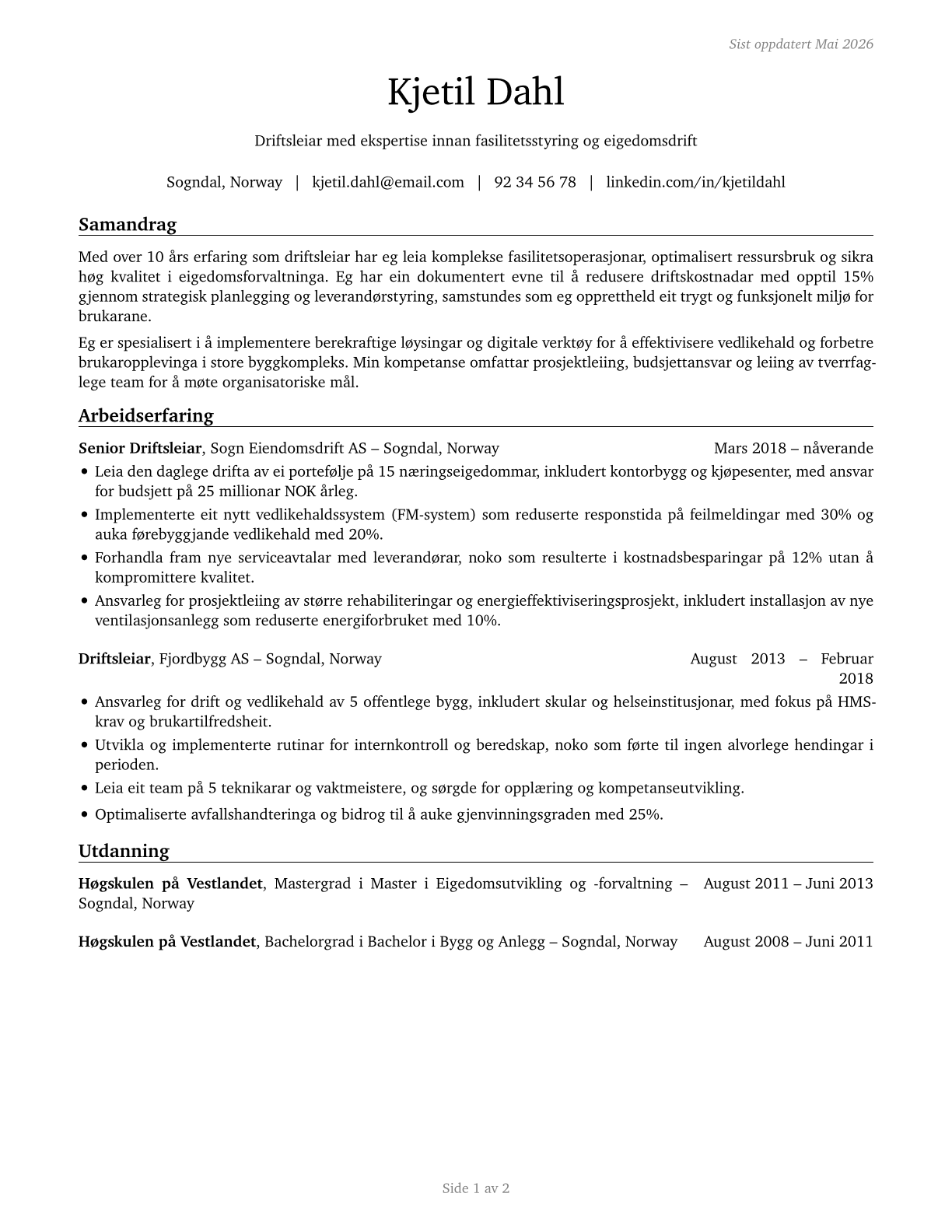 Facilities Managers CV in Norwegian_nynorsk — page 1