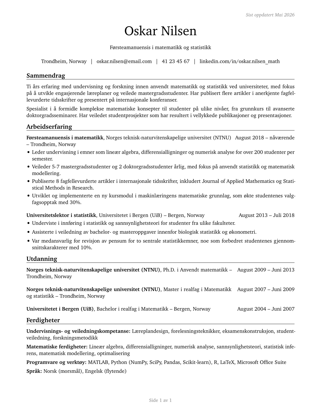 Mathematical Science Teachers, Postsecondary CV in Norwegian_bokmal — page 1