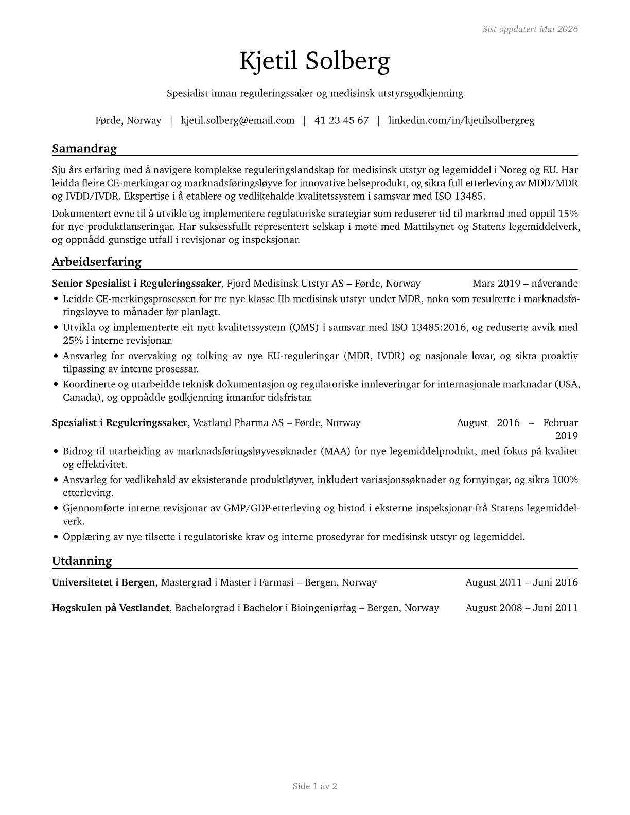 Regulatory Affairs Specialists CV in Norwegian_nynorsk — page 1