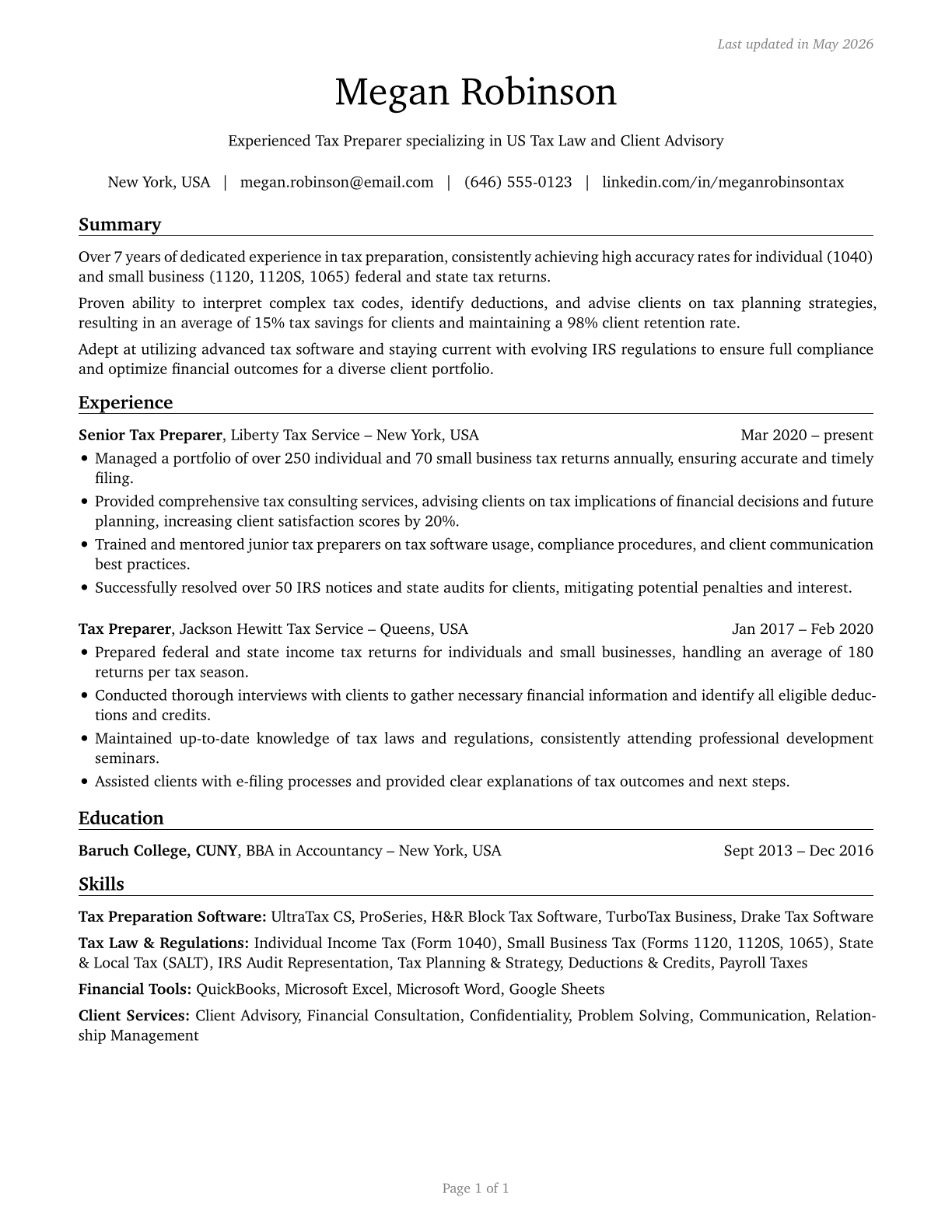Tax Preparers CV in English — page 1