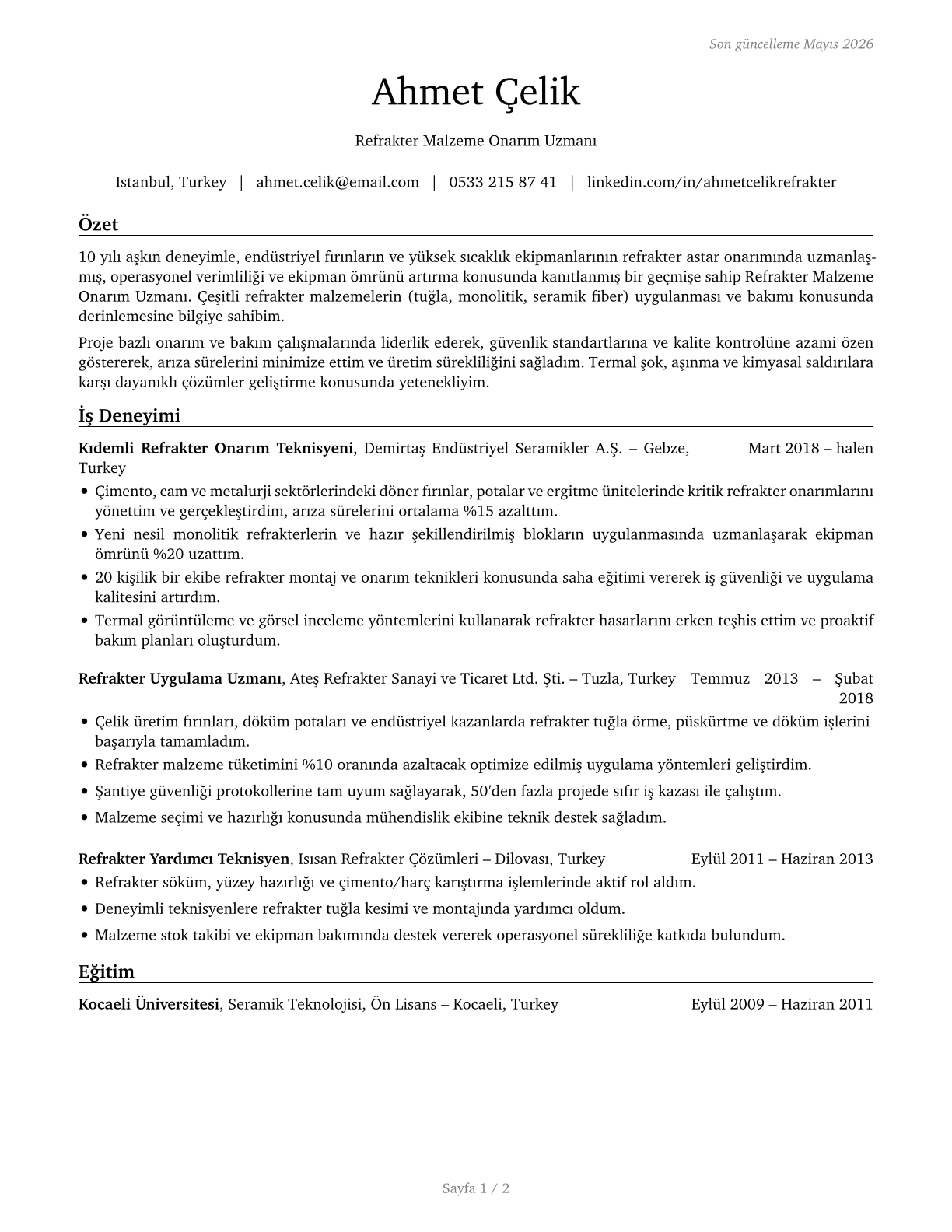 Refractory Materials Repairers, Except Brickmasons CV in Turkish — page 1