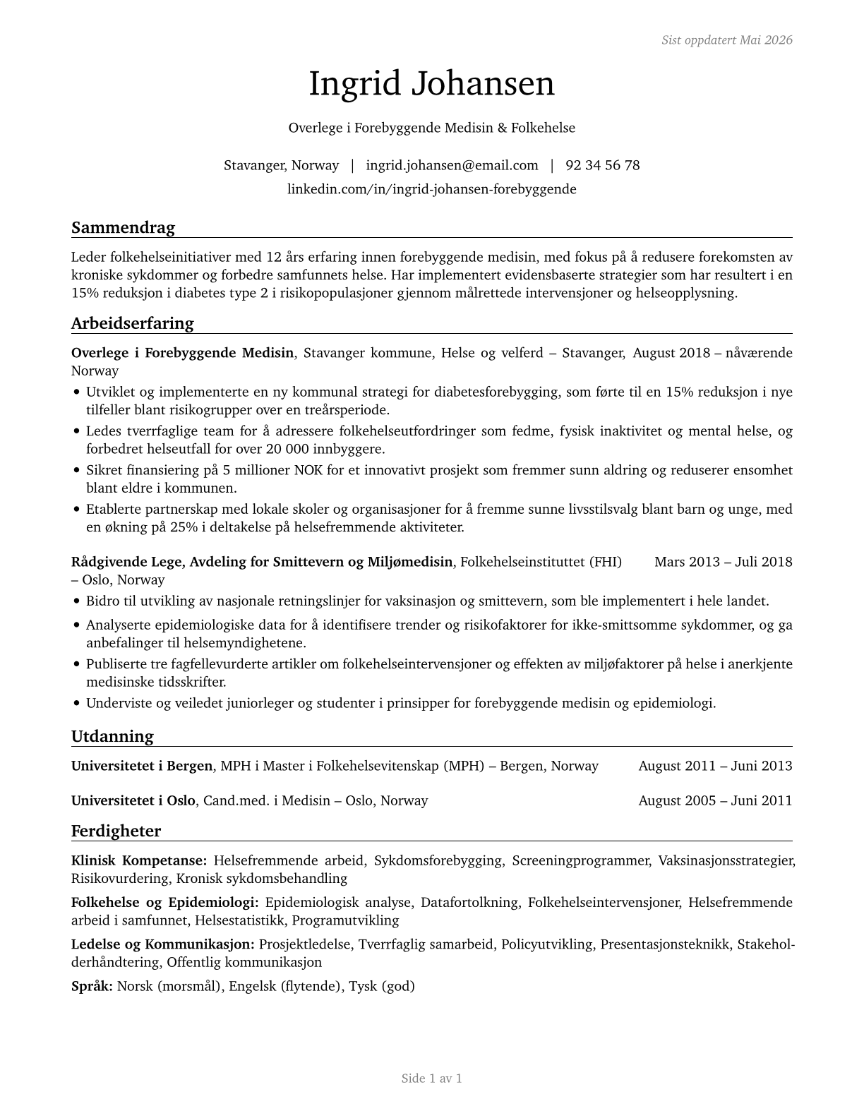 Preventive Medicine Physicians CV in Norwegian_bokmal — page 1