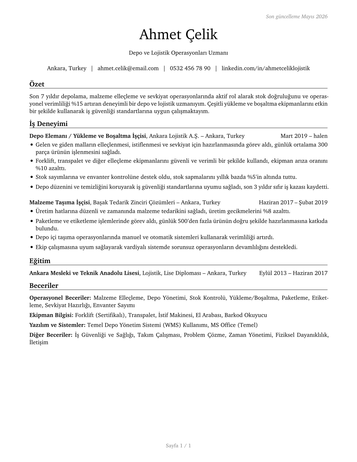 Laborers and Freight, Stock, and Material Movers, Hand CV in Turkish — page 1