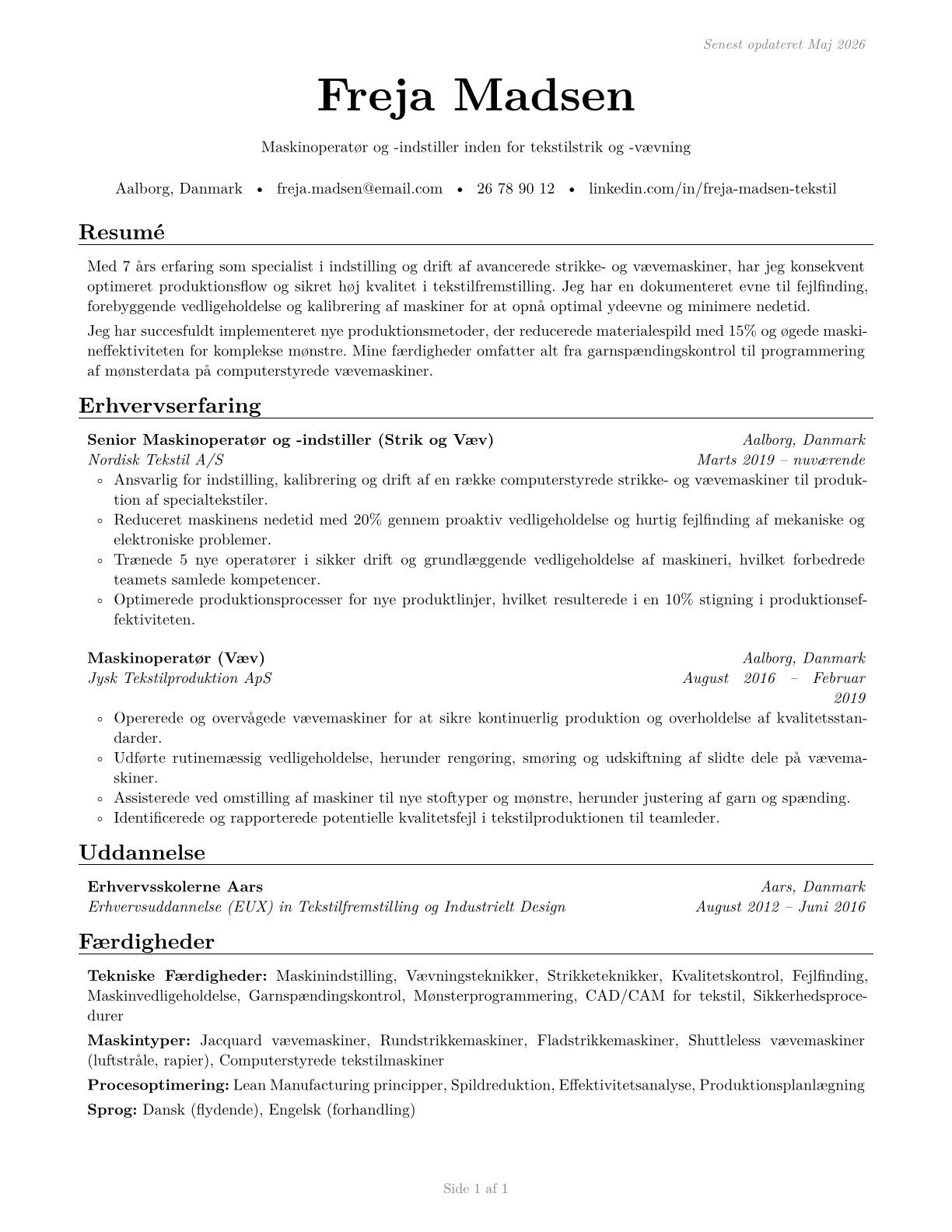 Textile Knitting and Weaving Machine Setters, Operators, and Tenders CV in Danish — page 1