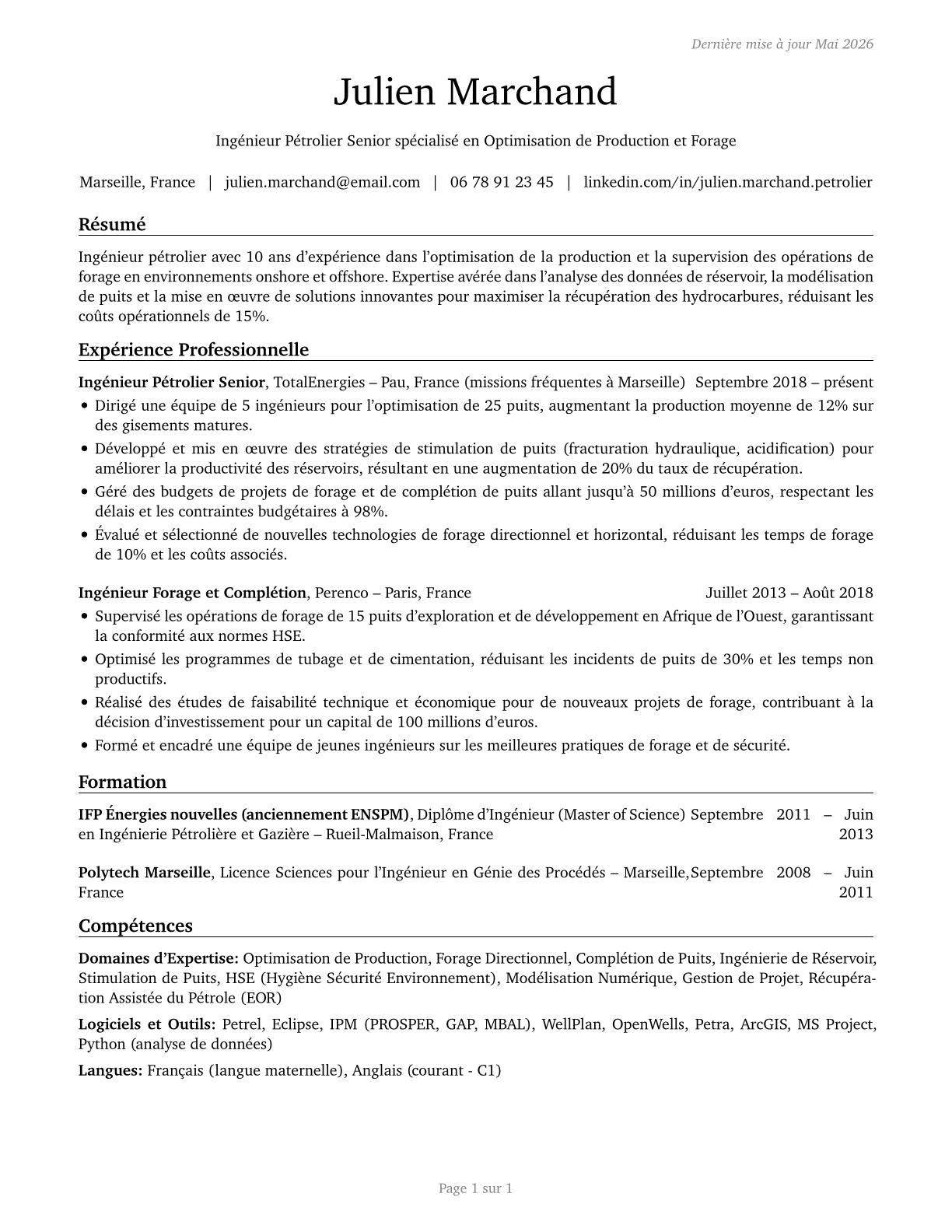 Petroleum Engineers CV in French — page 1