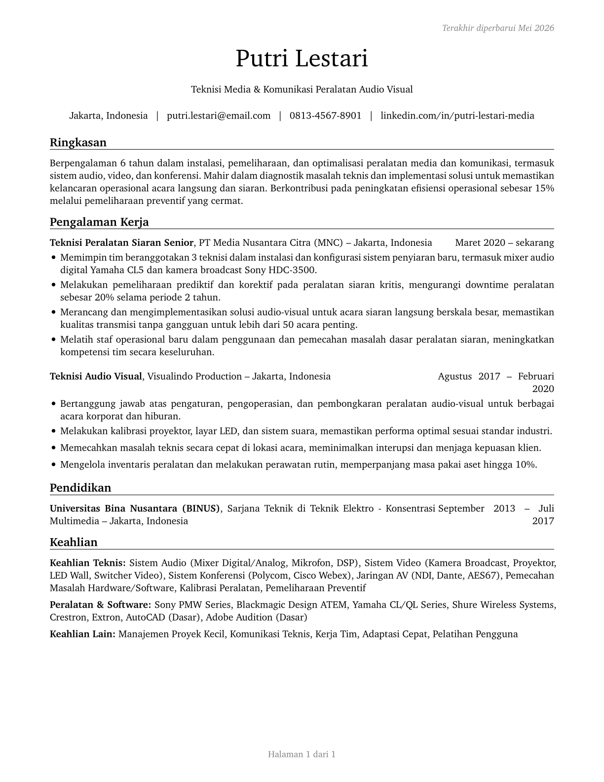 Media and Communication Equipment Workers, All Other CV in Indonesian — page 1