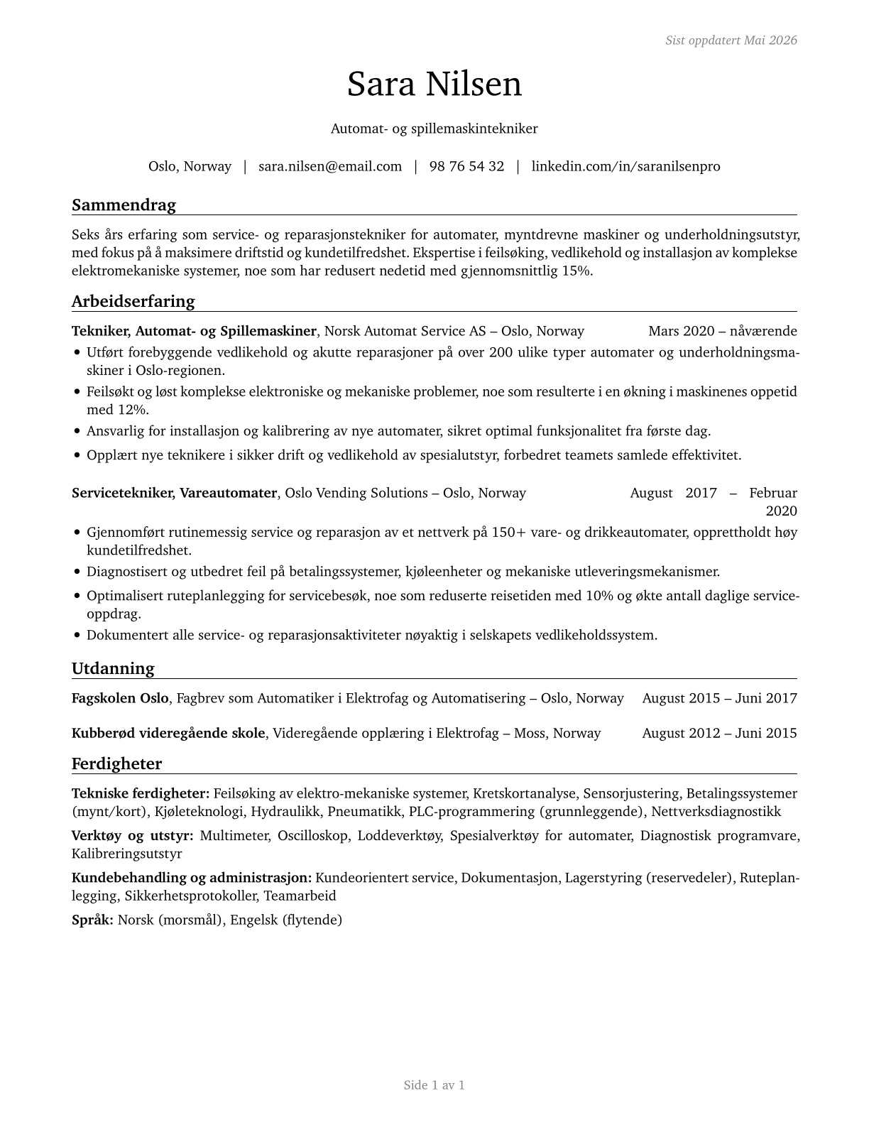 Coin, Vending, and Amusement Machine Servicers and Repairers CV in Norwegian_bokmal — page 1