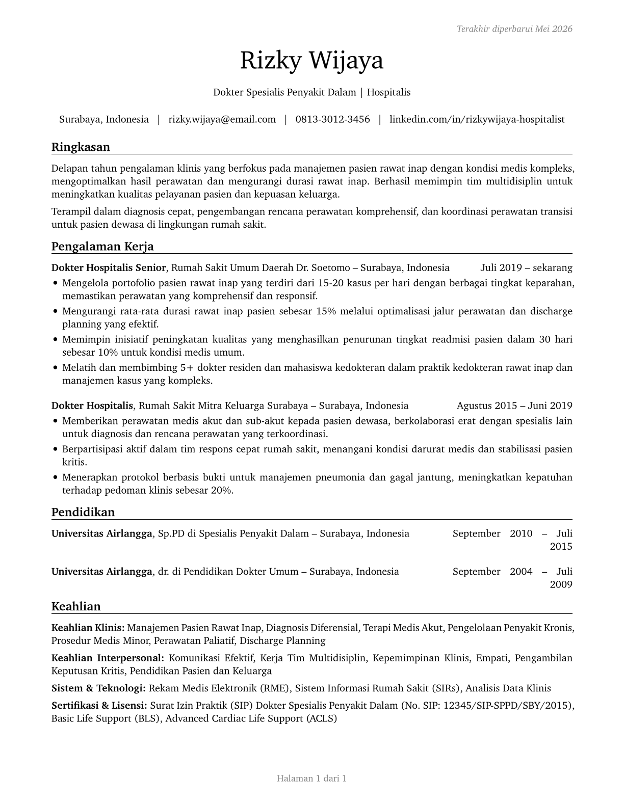 Hospitalists CV in Indonesian — page 1