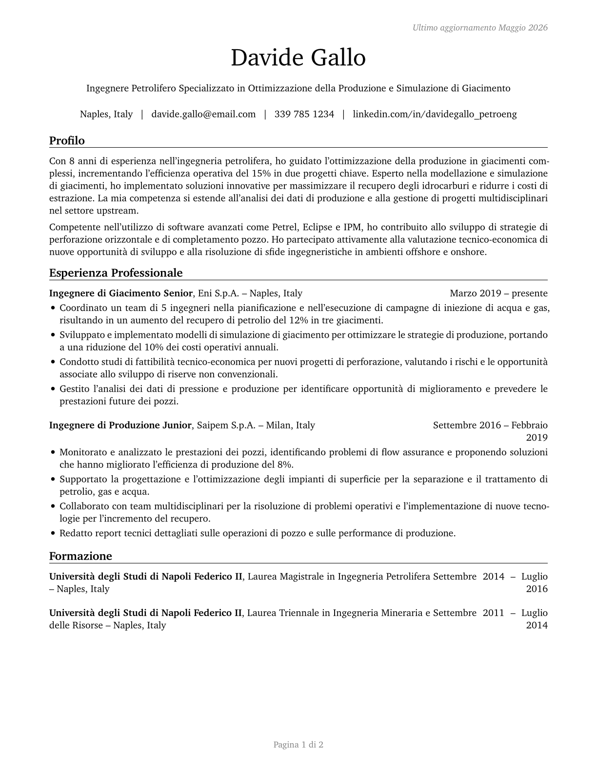Petroleum Engineers CV in Italian — page 1