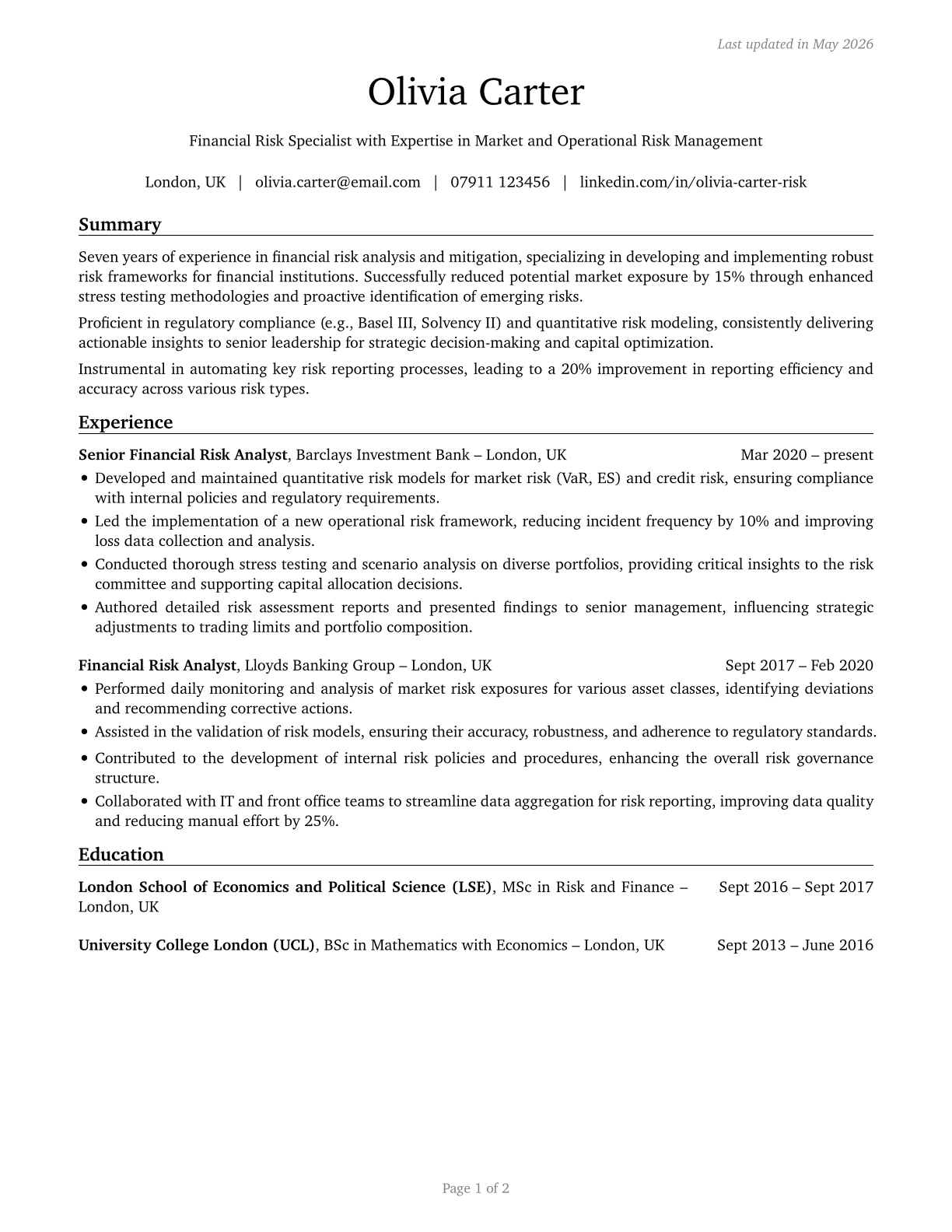 Financial Risk Specialists CV in English — page 1