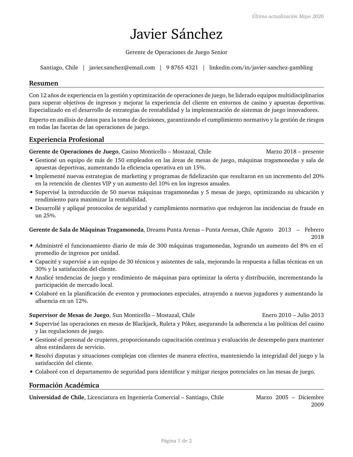 Gambling Managers CV in Spanish — page 1