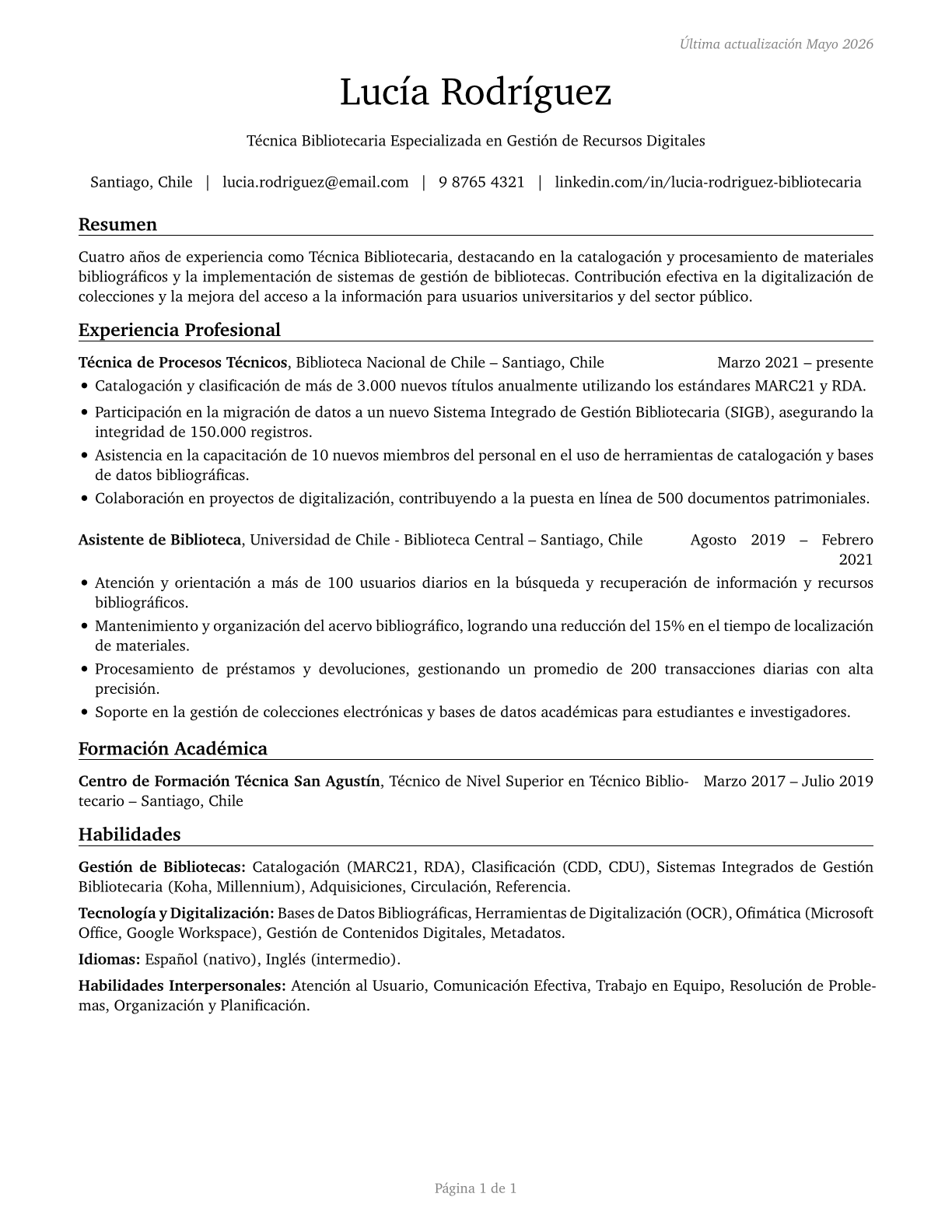 Library Technicians CV in Spanish — page 1