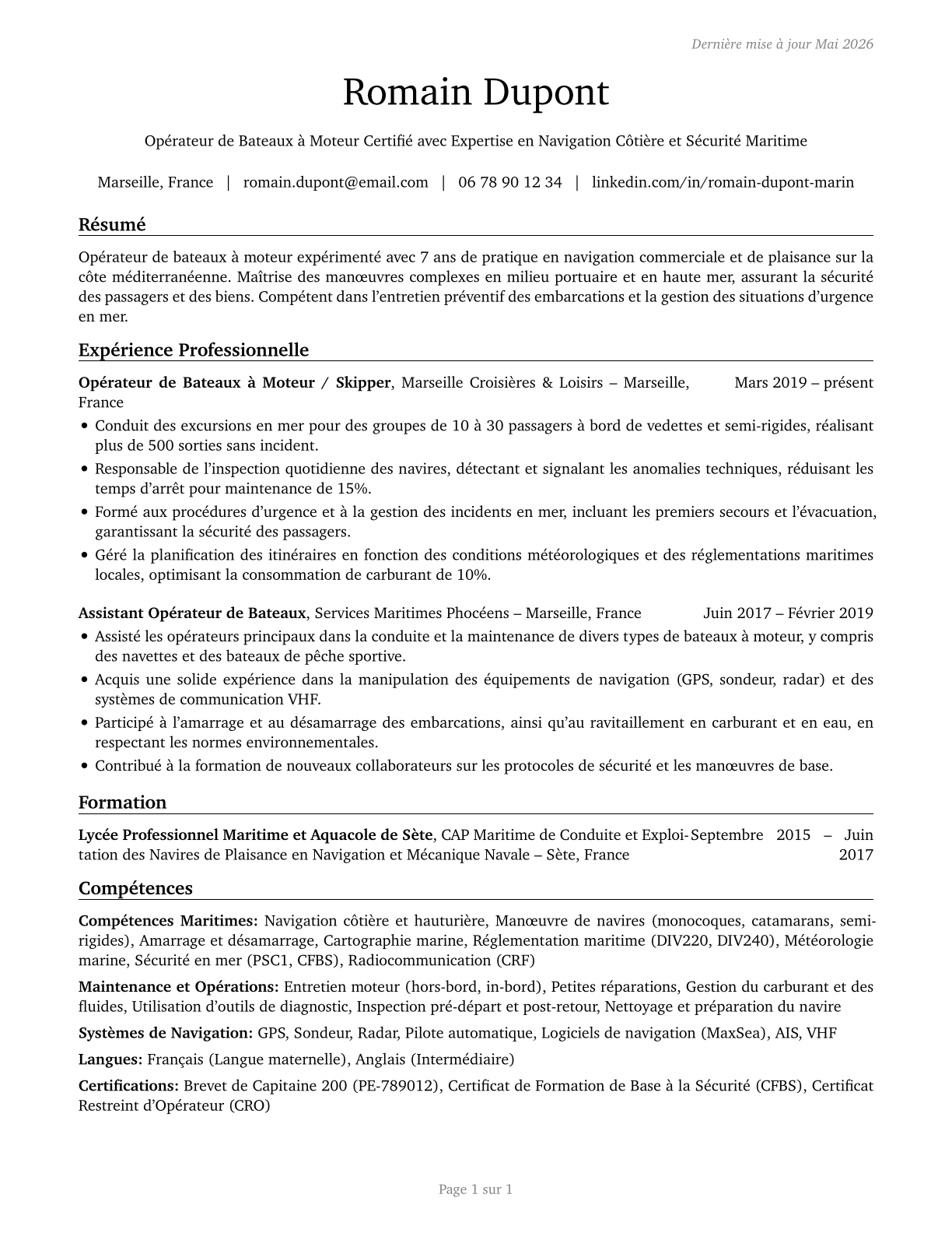 Motorboat Operators CV in French — page 1