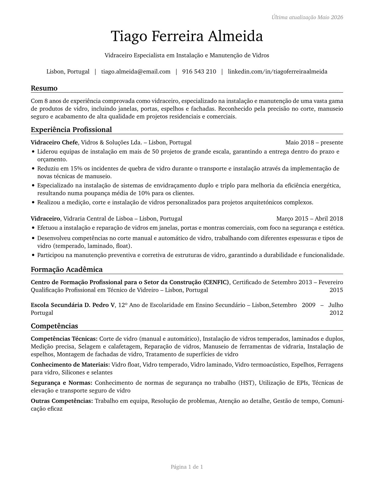 Glaziers CV in Portuguese — page 1