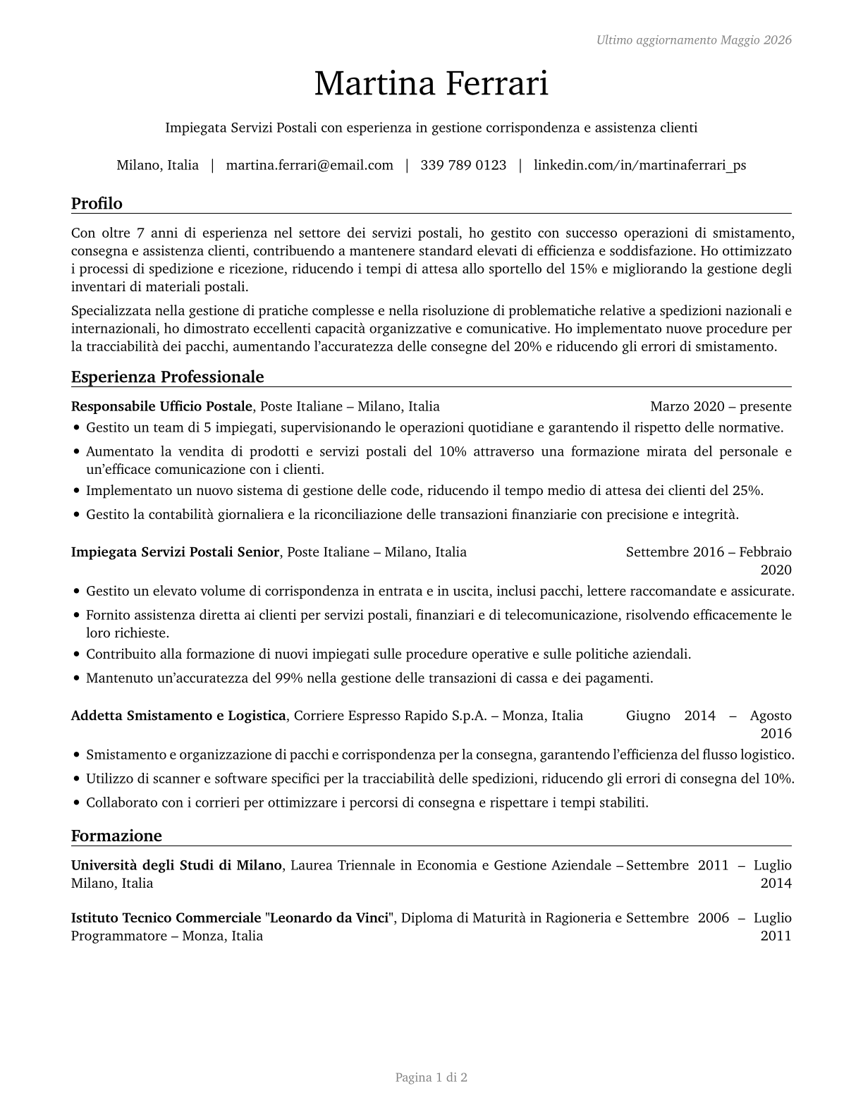 Postal Service Clerks CV in Italian — page 1